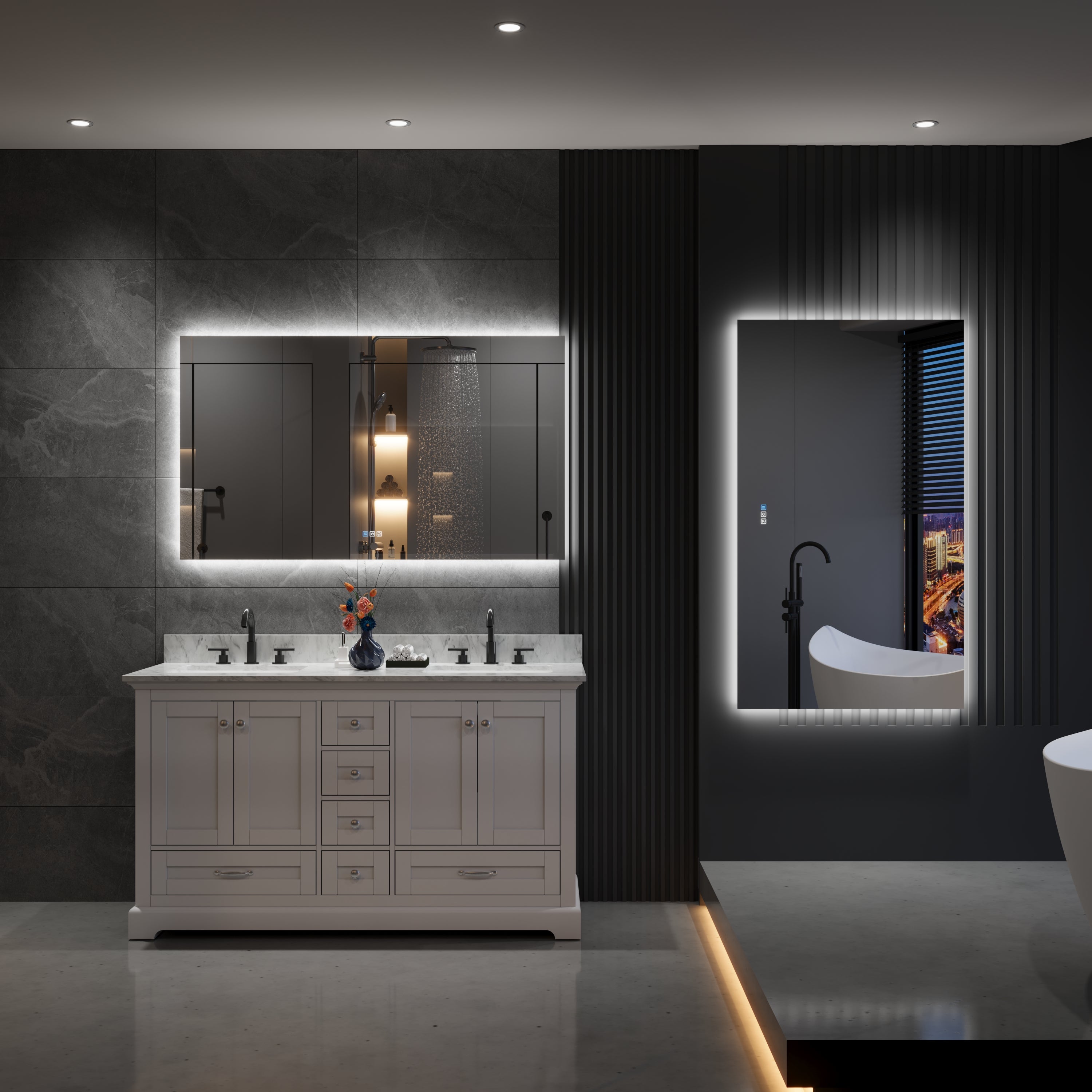 55 in. W x 32 in. H Rectangular Frameless Anti-Fog LED Light Dimmable Bathroom Vanity Mirror in Aluminum