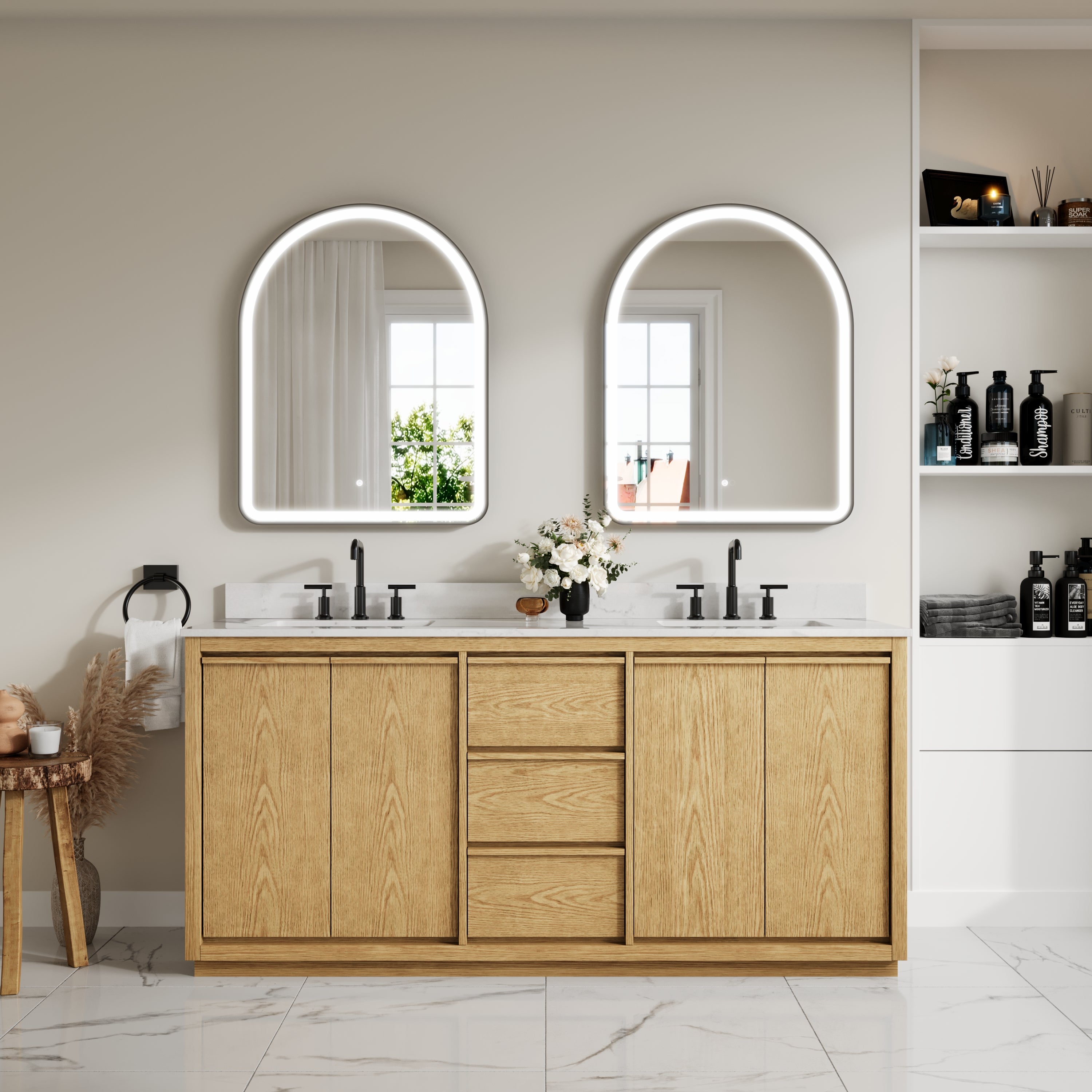 72 Inch Oak Soild Wood Bathroom Vanity with Double Undermount Sinks, 3 Dovetail-constructed Drawers and 4 Soft-close Doors