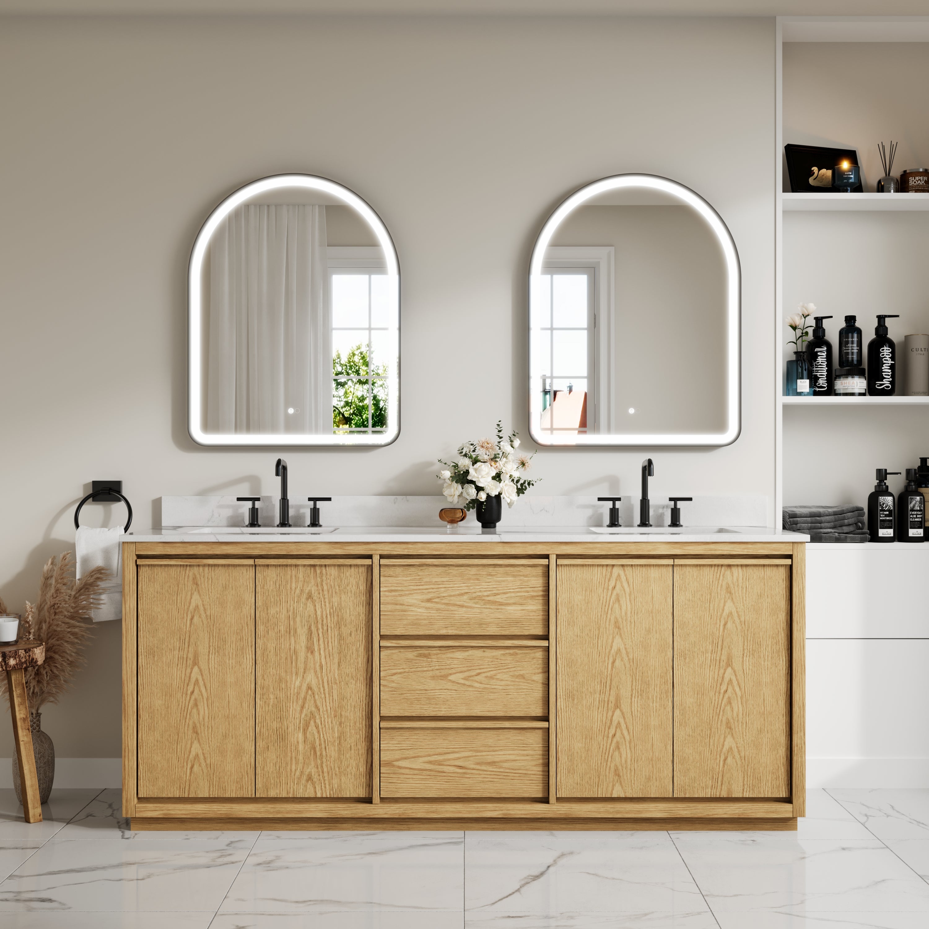 80 Inch Oak Soild Wood Bathroom Vanity with Double Undermount Sinks, 3 Dovetail-constructed Drawers and 4 Soft-close Doors