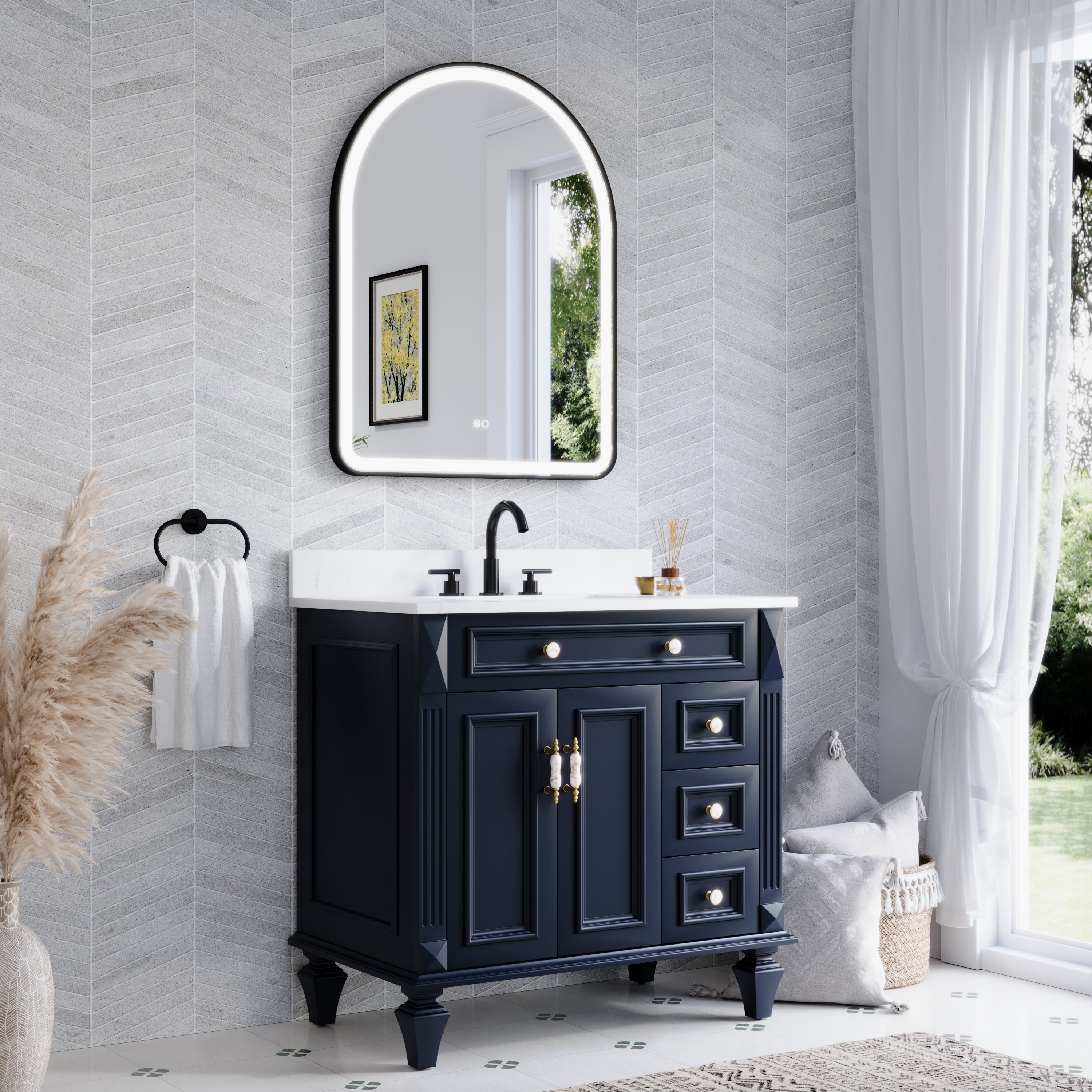 28 in. W x 36 in. H Arched Black Framed LED Light Bathroom Vanity Mirror