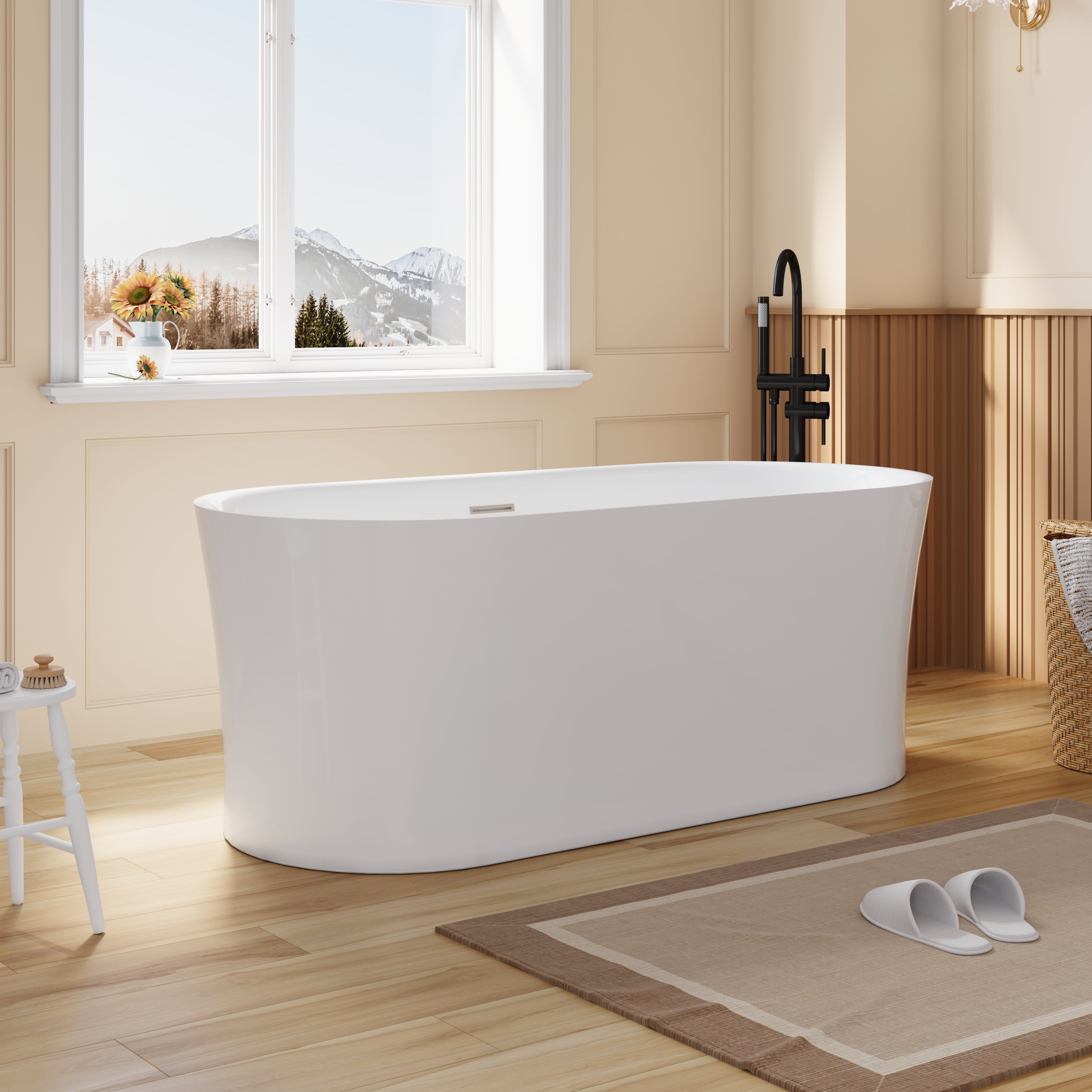 67" Acrylic Freestanding Soaking Bathtub in White with Overflow and Drain