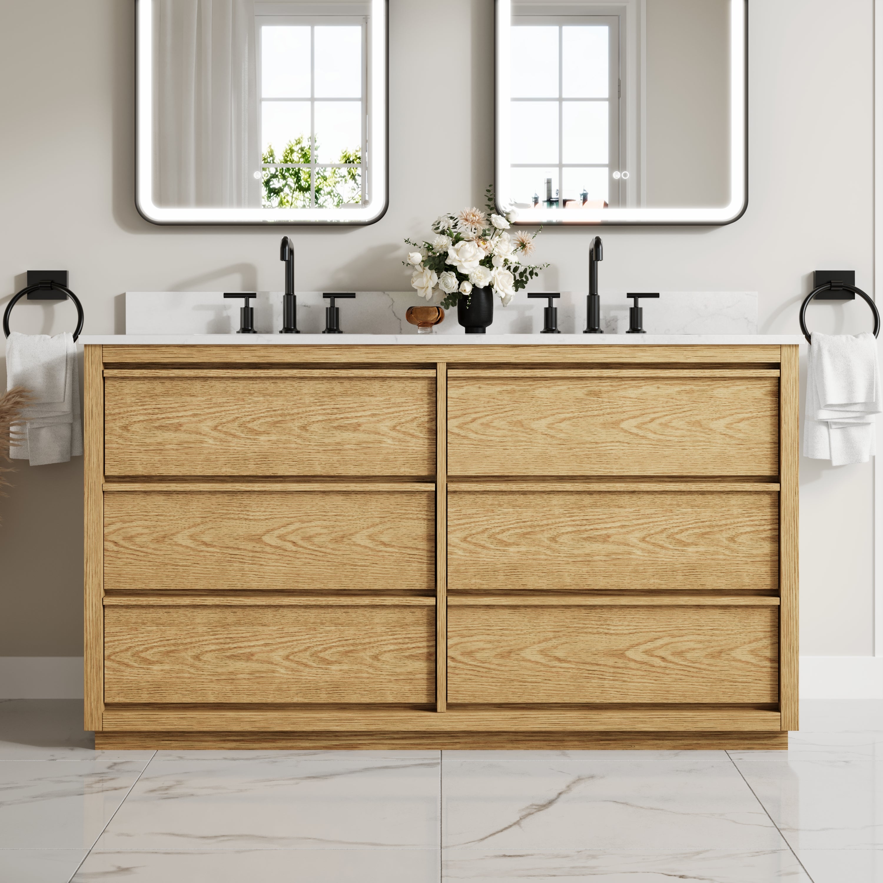 60 Inch Oak Soild Wood Bathroom Vanity with Double Undermount Sinks, 6 Dovetail-constructed Drawers