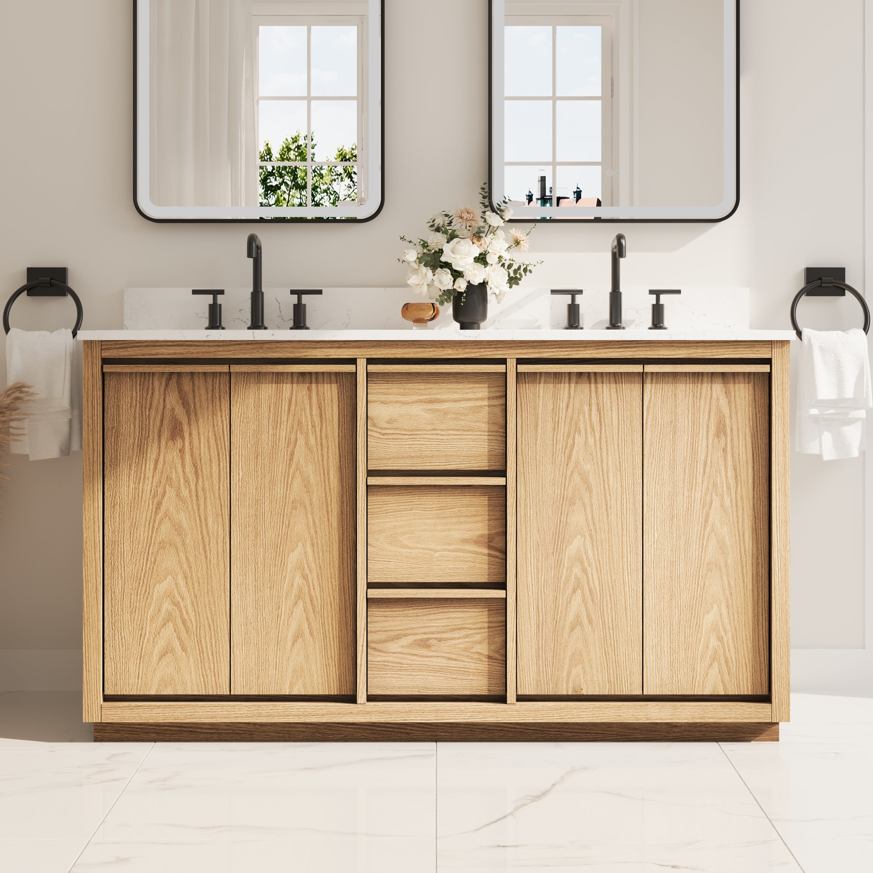 60 Inch Oak Soild Wood Bathroom Vanity with Double Undermount Sinks, 3 Dovetail-constructed Drawers and 4 Soft-close Doors