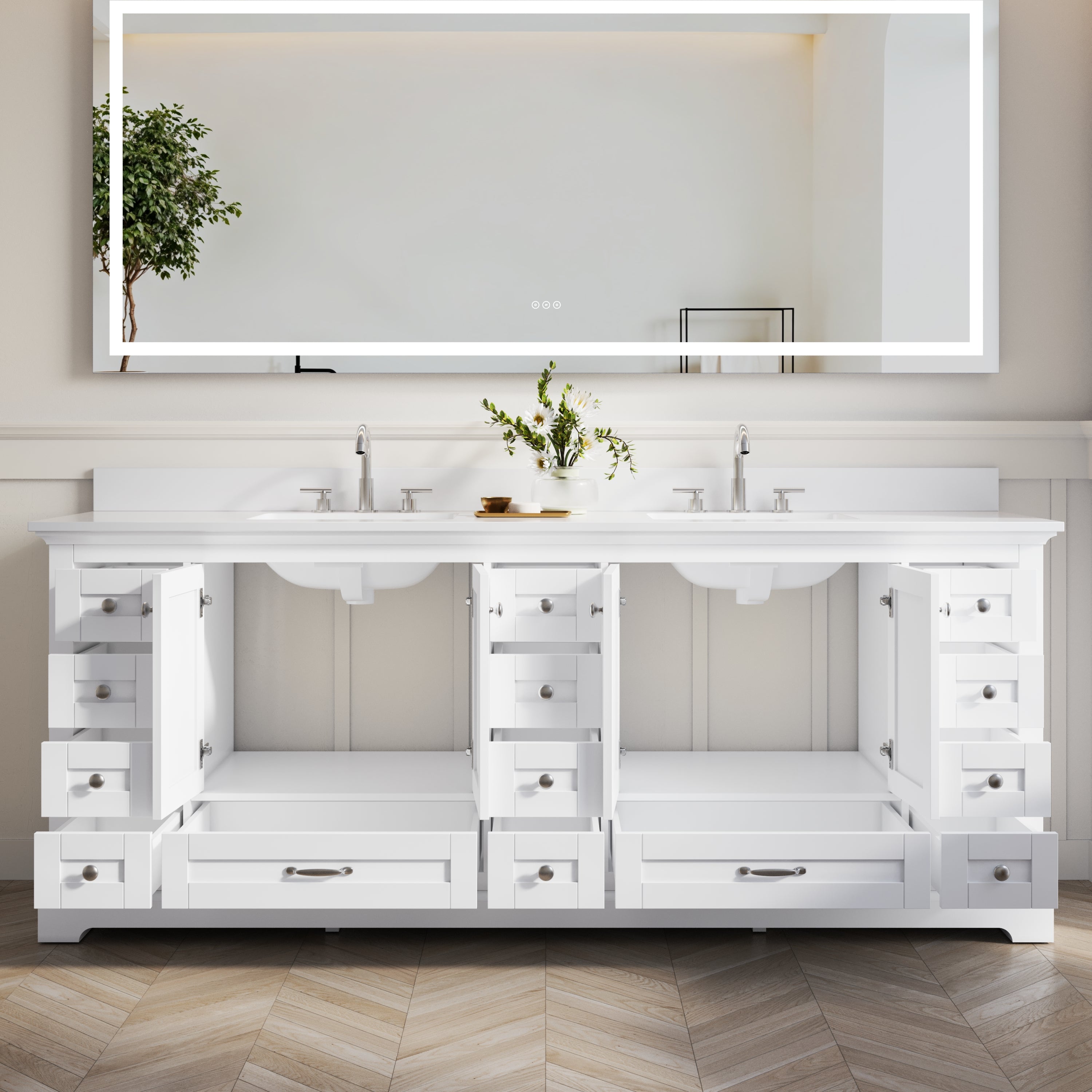 84" White Double Sinks Bathroom Vanity with Solid Wood Frame, Soft Close 14 Drawers & Pure White Cultured Marble Countertop