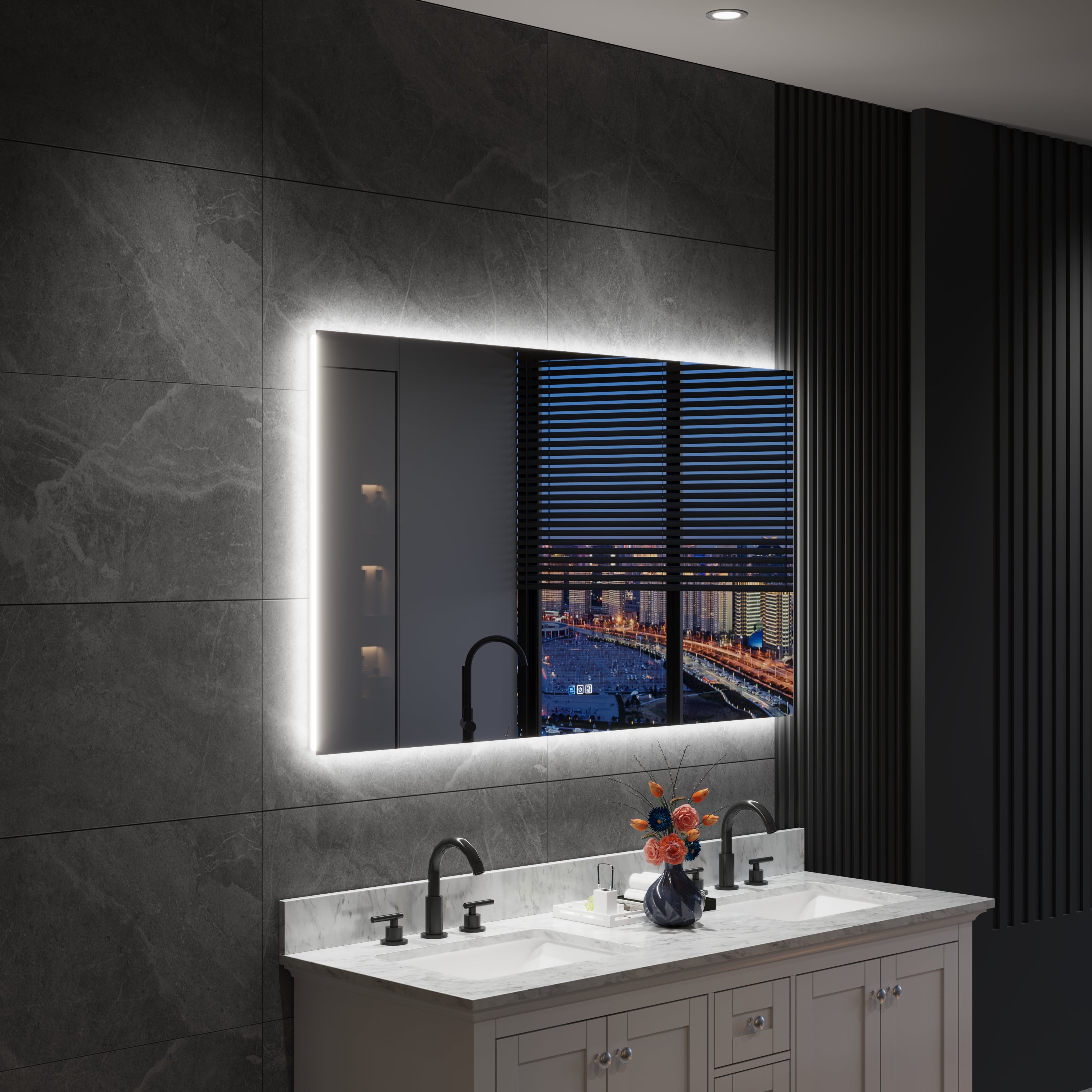 55 in. W x 32 in. H Rectangular Frameless Anti-Fog LED Light Dimmable Bathroom Vanity Mirror in Aluminum