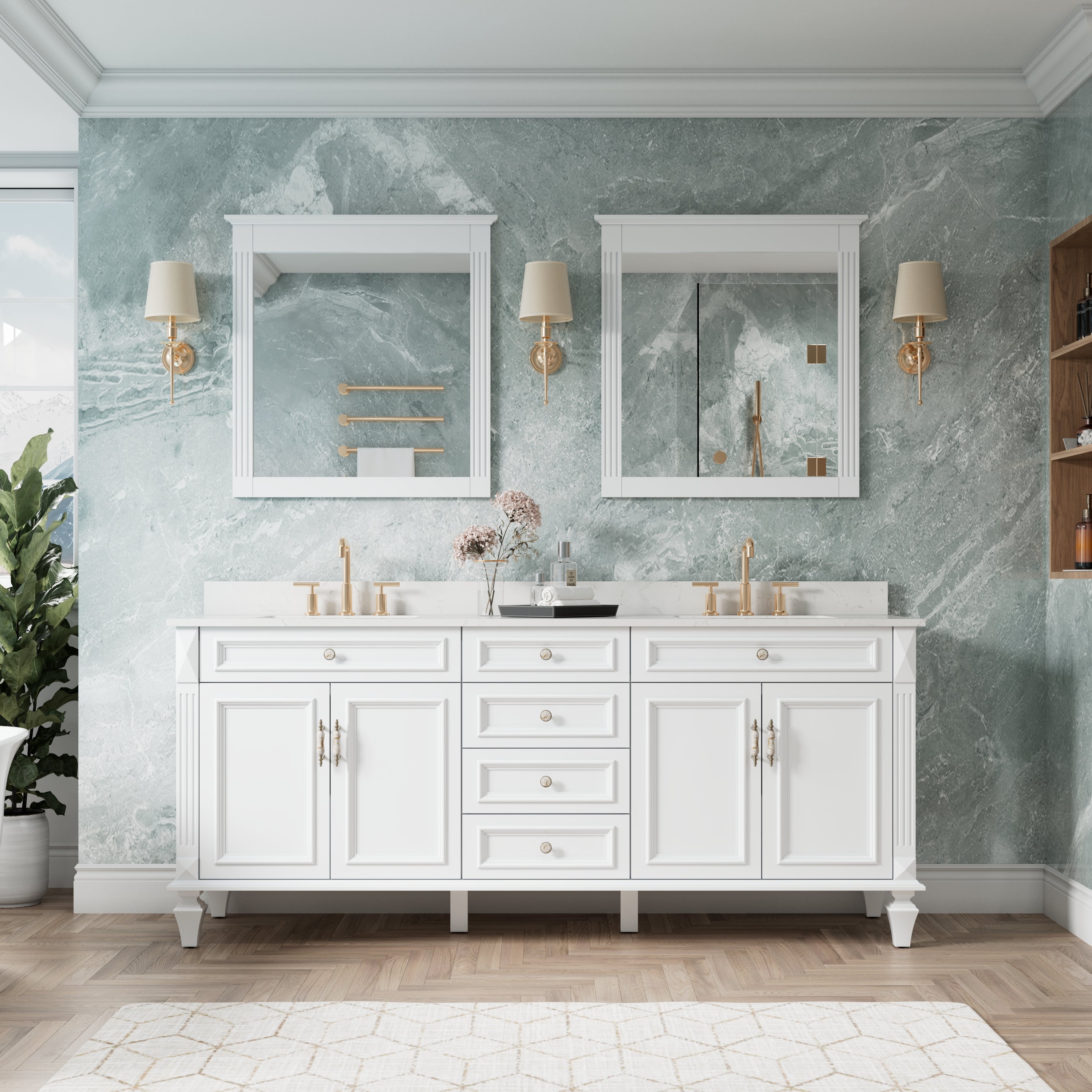 80 in. Freestanding Solid Wood Bathroom Vanity with Carrara White Quartz Countertop, White