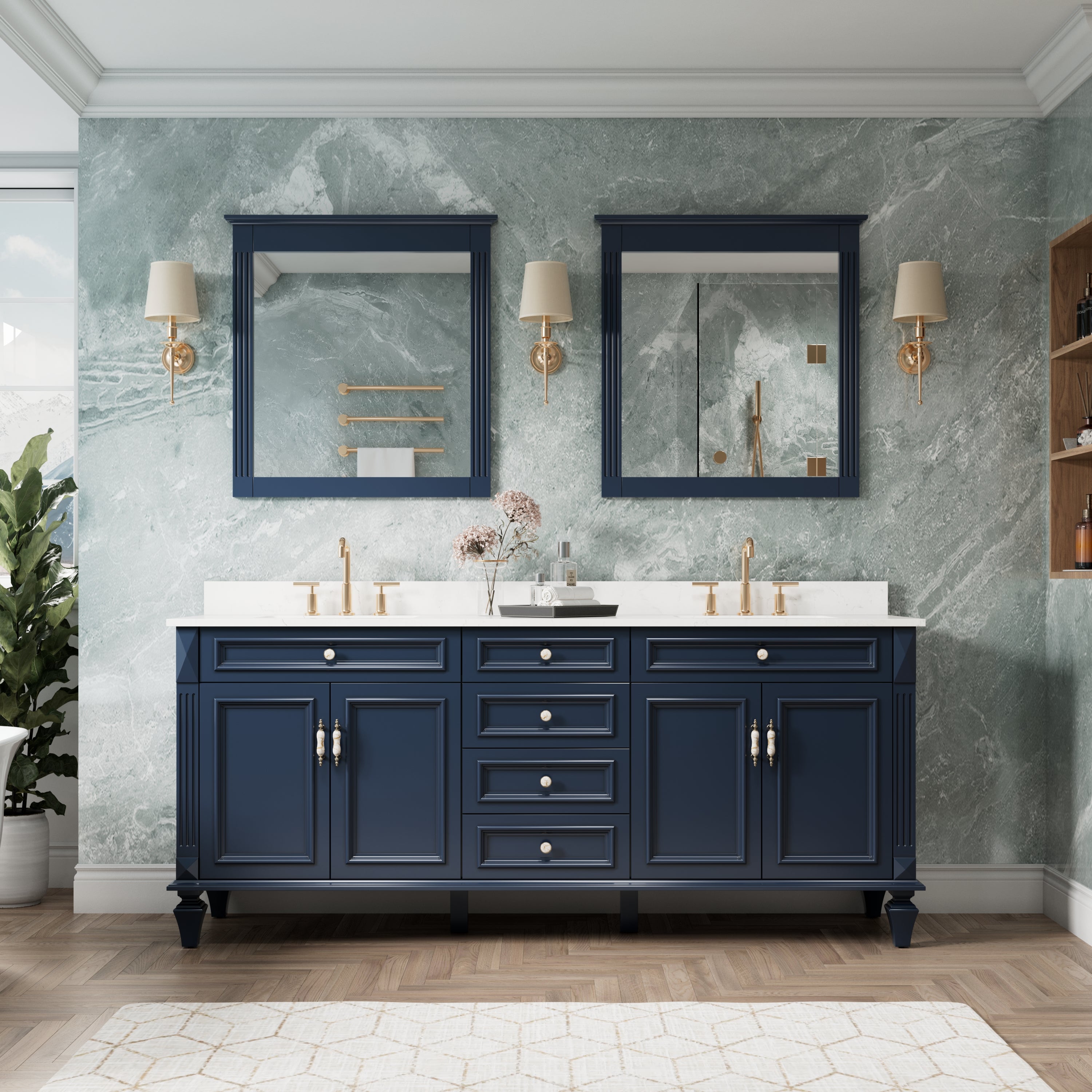80 in. Freestanding Solid Wood Bathroom Vanity with Carrara White Quartz Countertop, Navy Blue