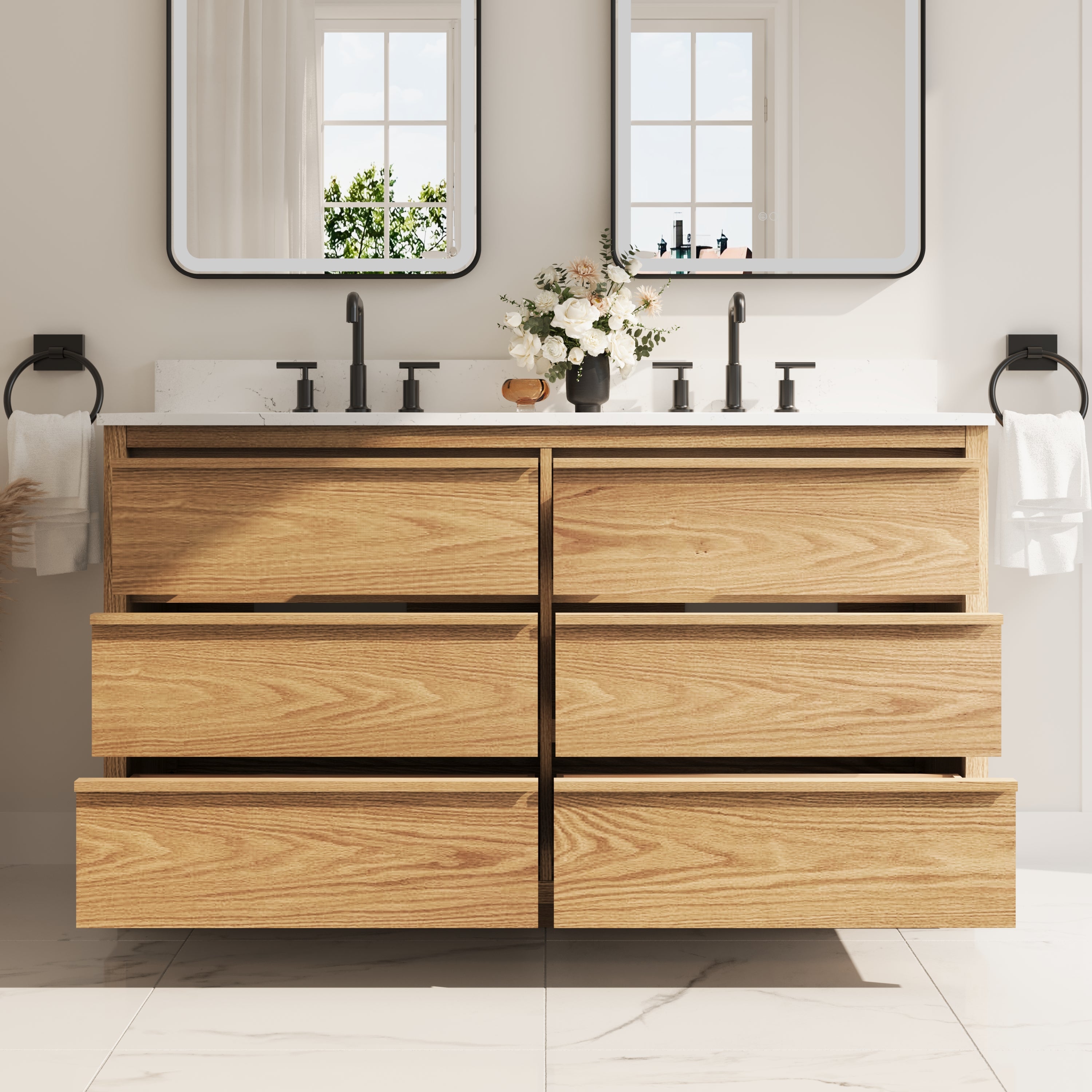 60 Inch Oak Soild Wood Bathroom Vanity with Double Undermount Sinks, 6 Dovetail-constructed Drawers