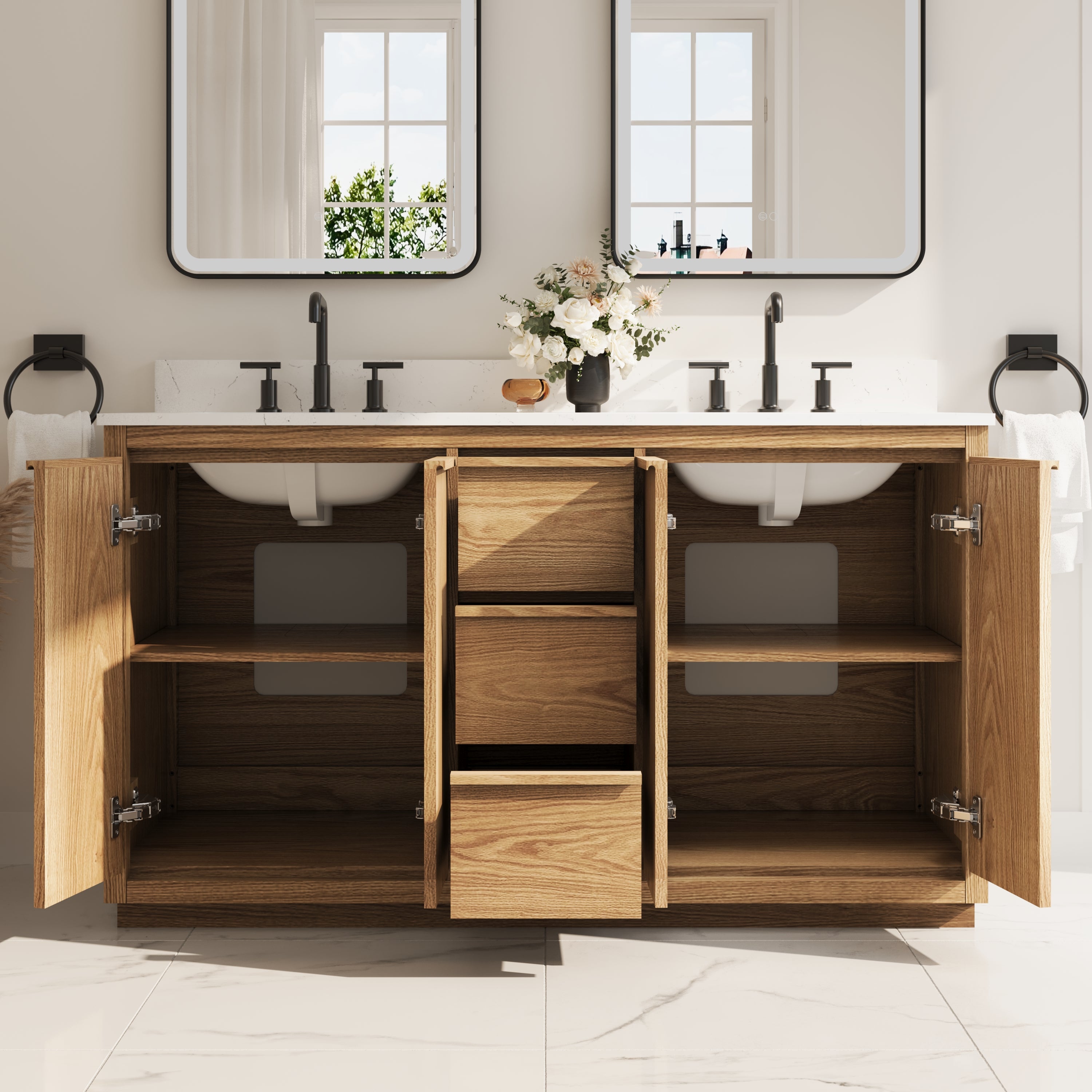 60 Inch Oak Soild Wood Bathroom Vanity with Double Undermount Sinks, 3 Dovetail-constructed Drawers and 4 Soft-close Doors