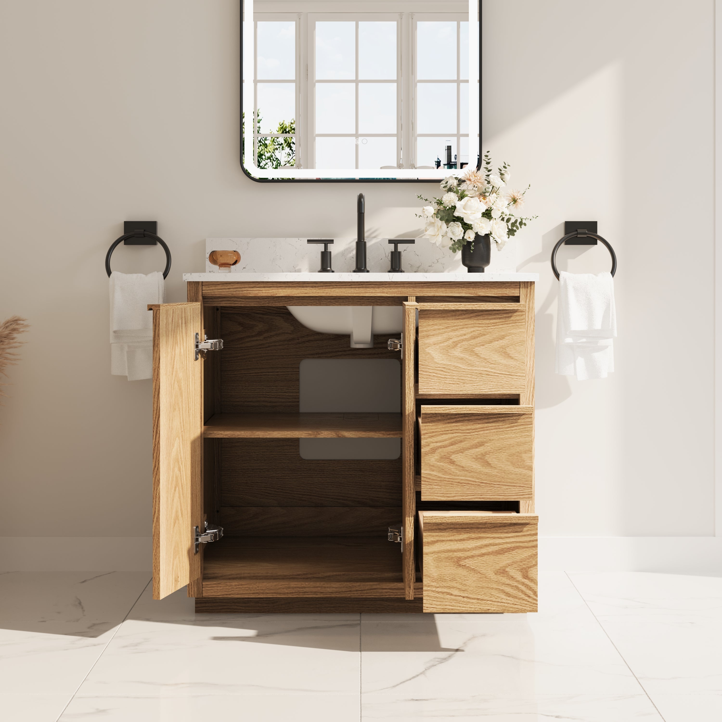36 Inch Oak Soild Wood Bathroom Vanity with Sink, 3 Dovetail-constructed Drawers and 2 Soft-close Doors