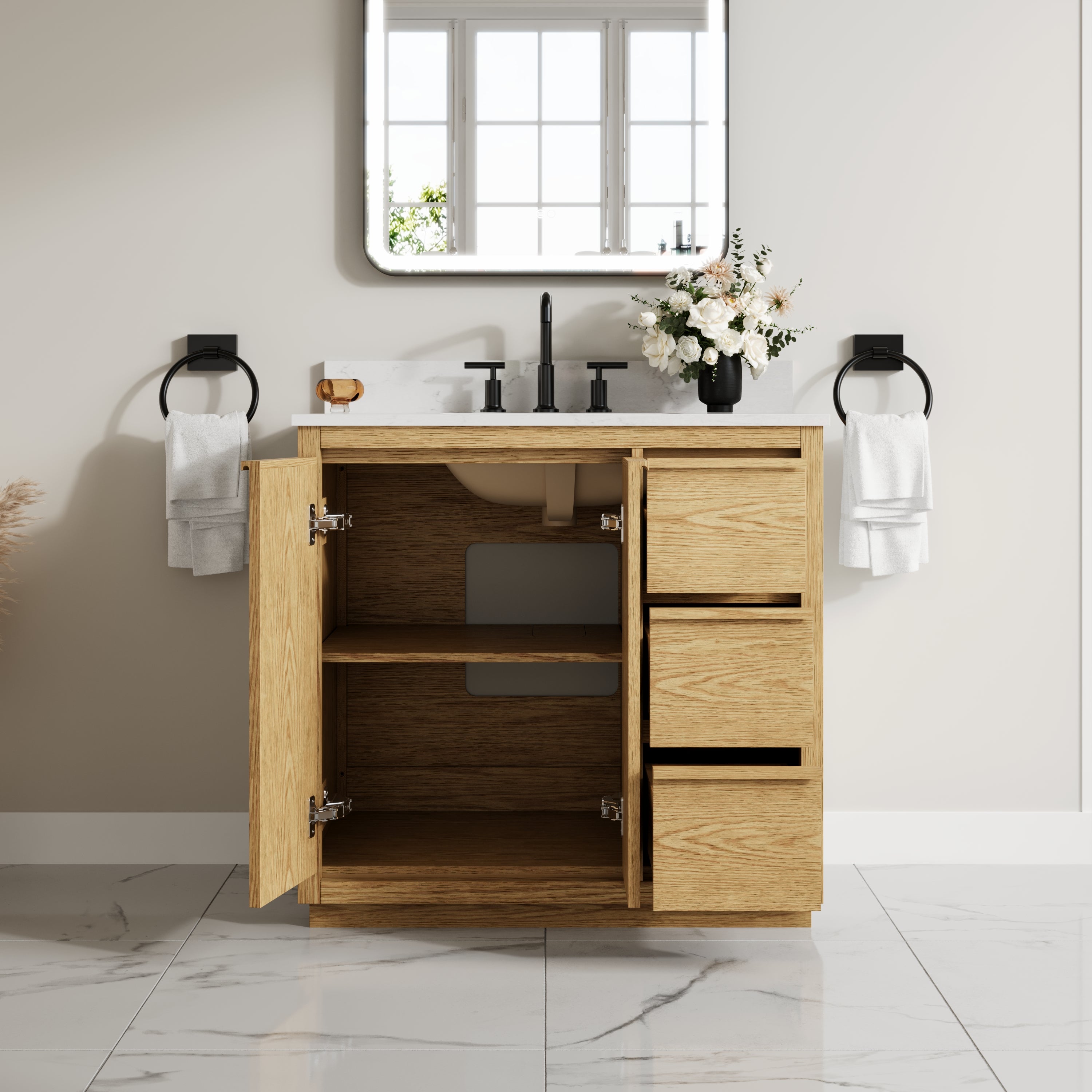 36 Inch Oak Soild Wood Bathroom Vanity with Sink, 3 Dovetail-constructed Drawers and 2 Soft-close Doors