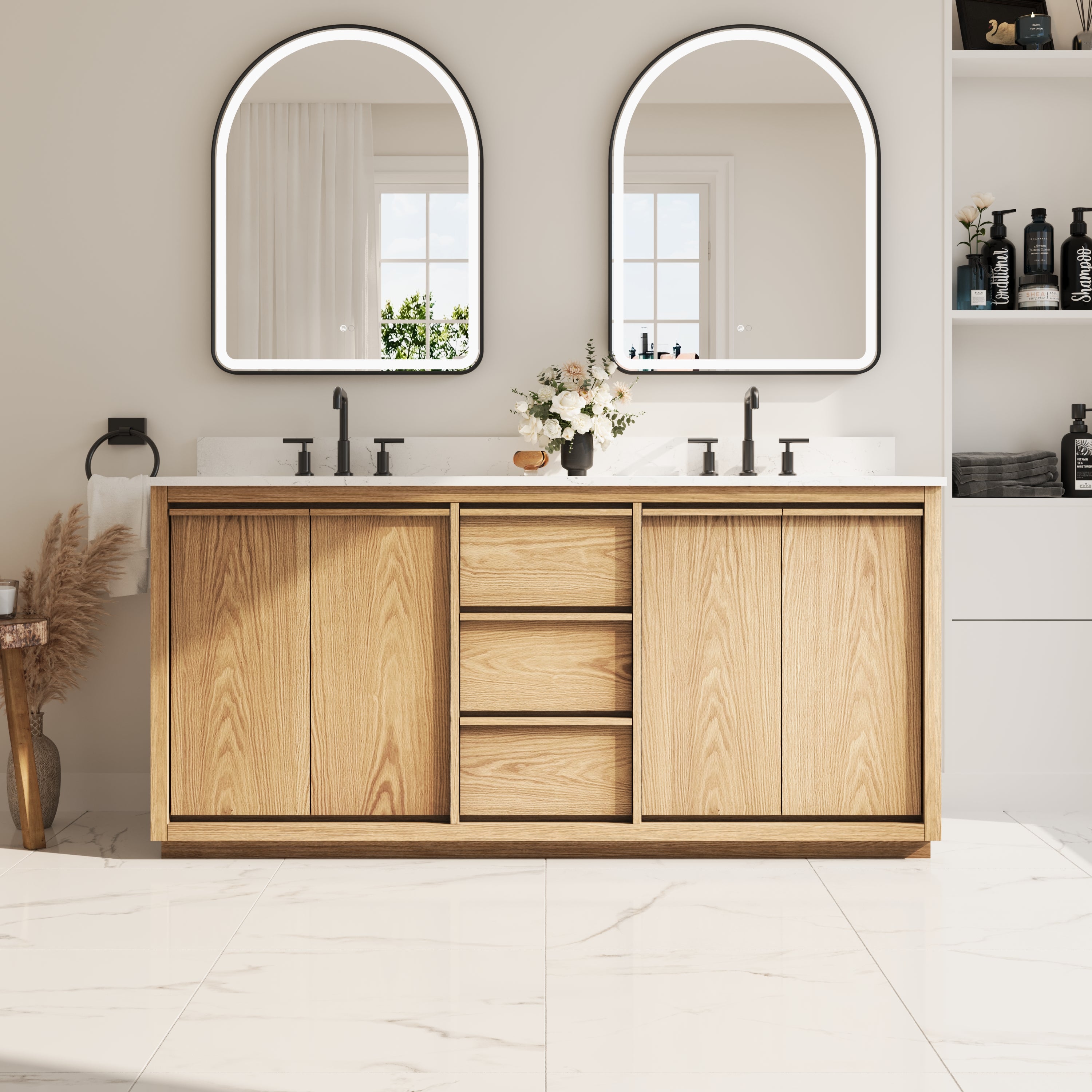 72 Inch Oak Soild Wood Bathroom Vanity with Double Undermount Sinks, 3 Dovetail-constructed Drawers and 4 Soft-close Doors