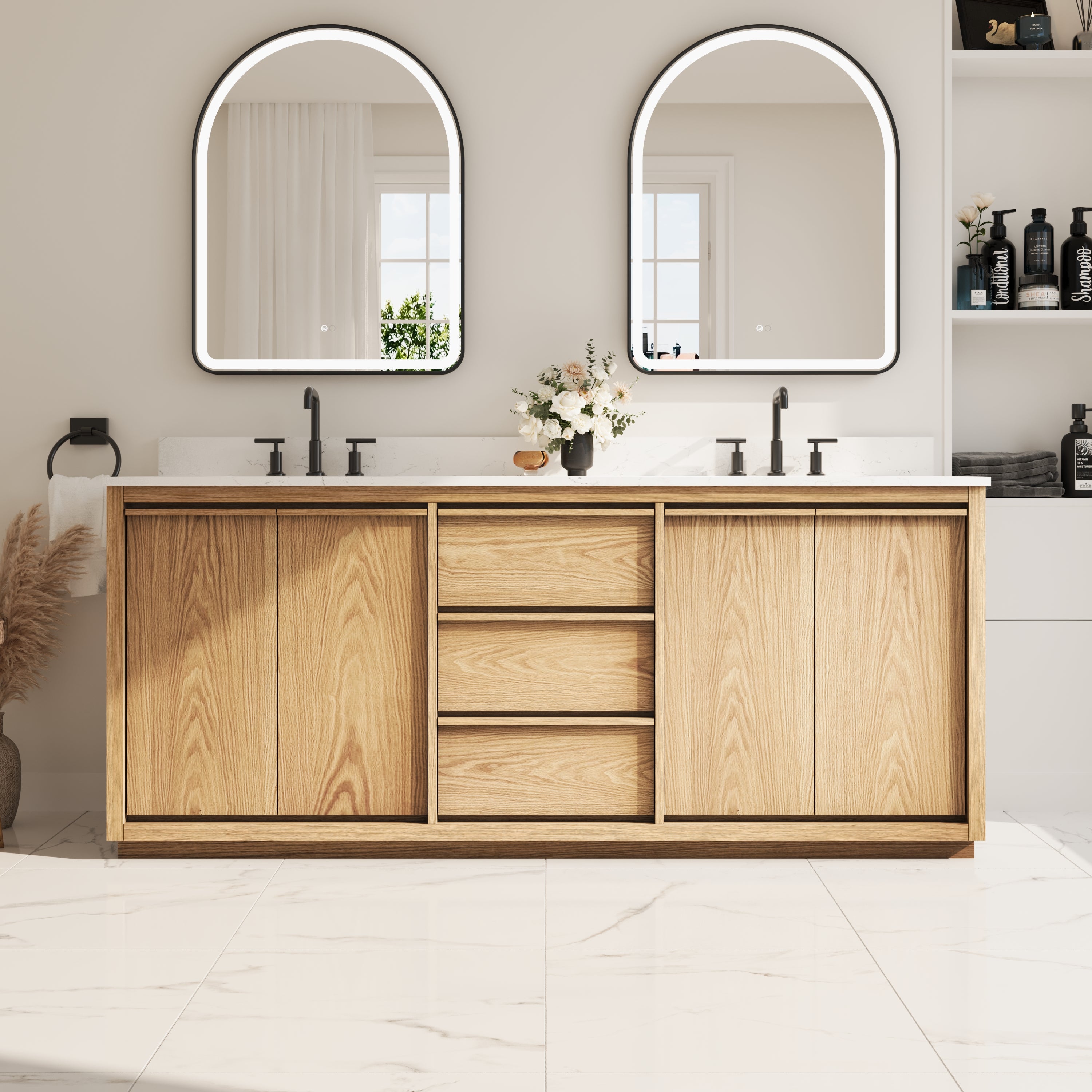 80 Inch Oak Soild Wood Bathroom Vanity with Double Undermount Sinks, 3 Dovetail-constructed Drawers and 4 Soft-close Doors