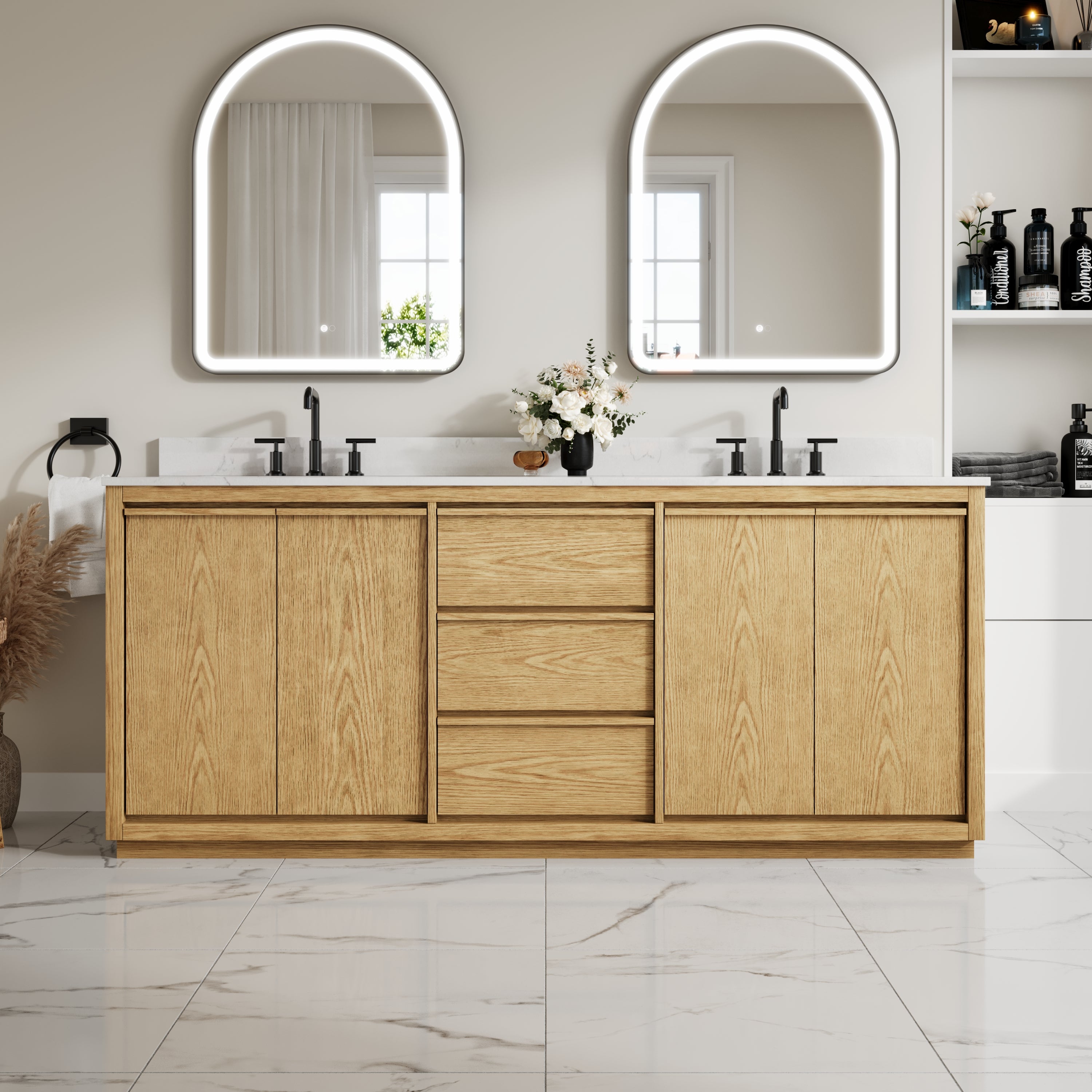 80 Inch Oak Soild Wood Bathroom Vanity with Double Undermount Sinks, 3 Dovetail-constructed Drawers and 4 Soft-close Doors