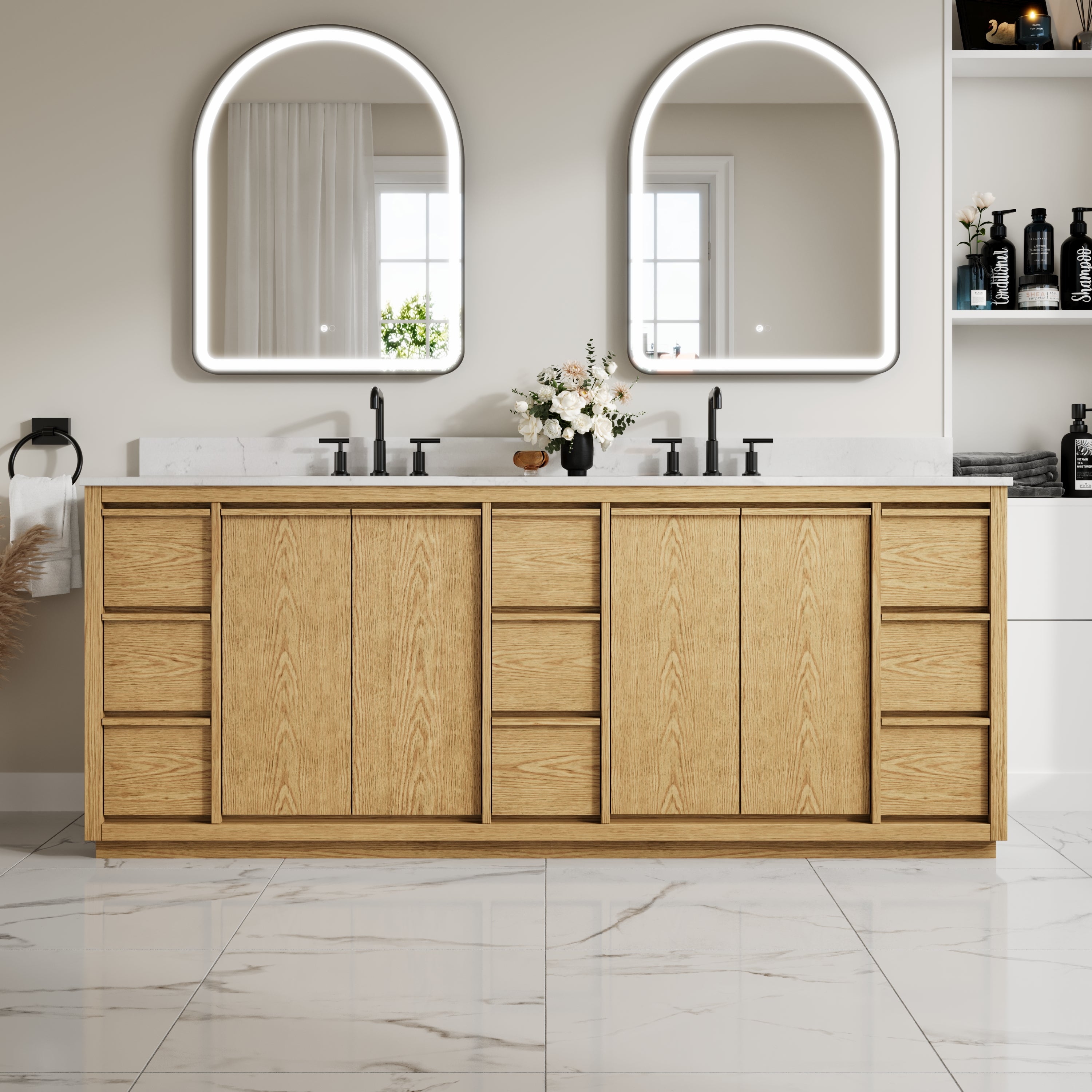 84 Inch Oak Soild Wood Bathroom Vanity with Double Undermount Sinks, 9 Dovetail-constructed Drawers and 4 Soft-close Doors