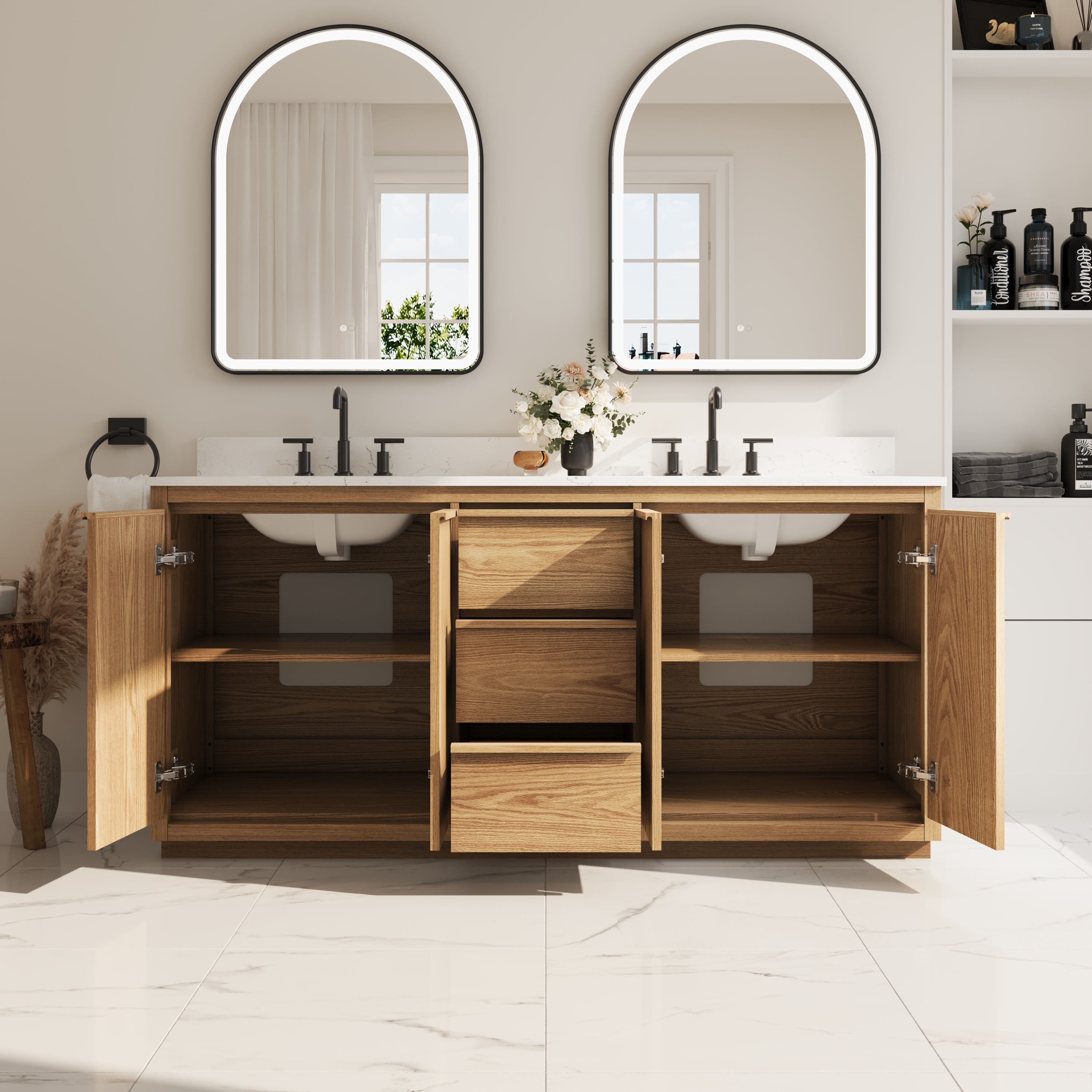 72 Inch Oak Soild Wood Bathroom Vanity with Double Undermount Sinks, 3 Dovetail-constructed Drawers and 4 Soft-close Doors