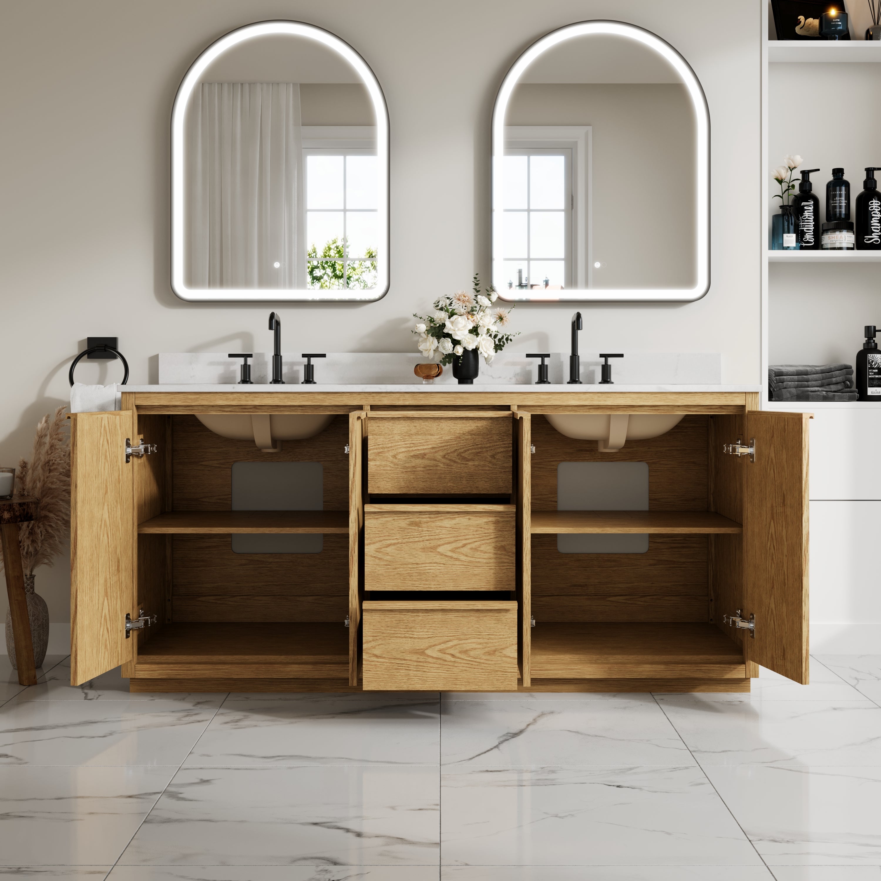 72 Inch Oak Soild Wood Bathroom Vanity with Double Undermount Sinks, 3 Dovetail-constructed Drawers and 4 Soft-close Doors