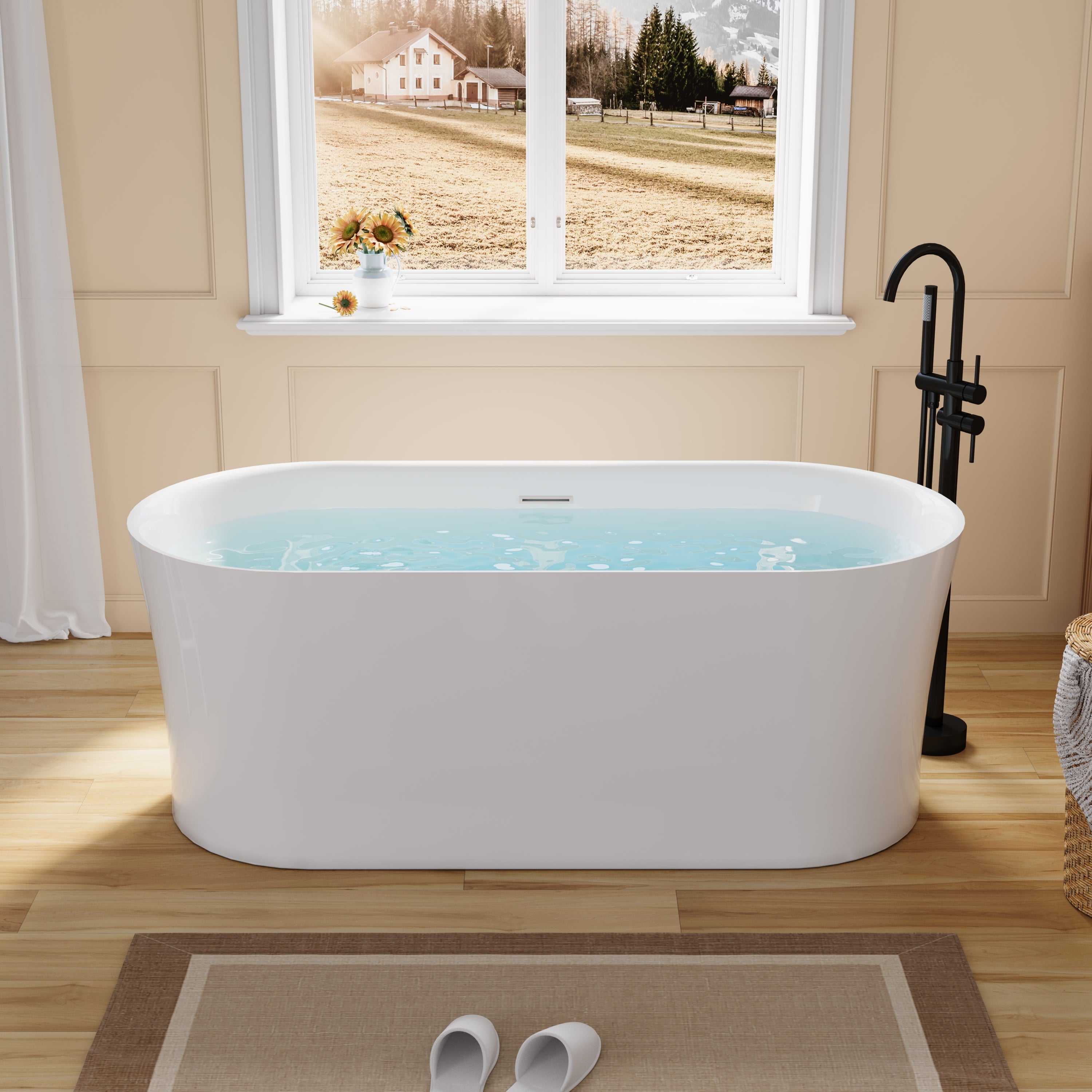 67" Acrylic Freestanding Soaking Bathtub in White with Overflow and Drain