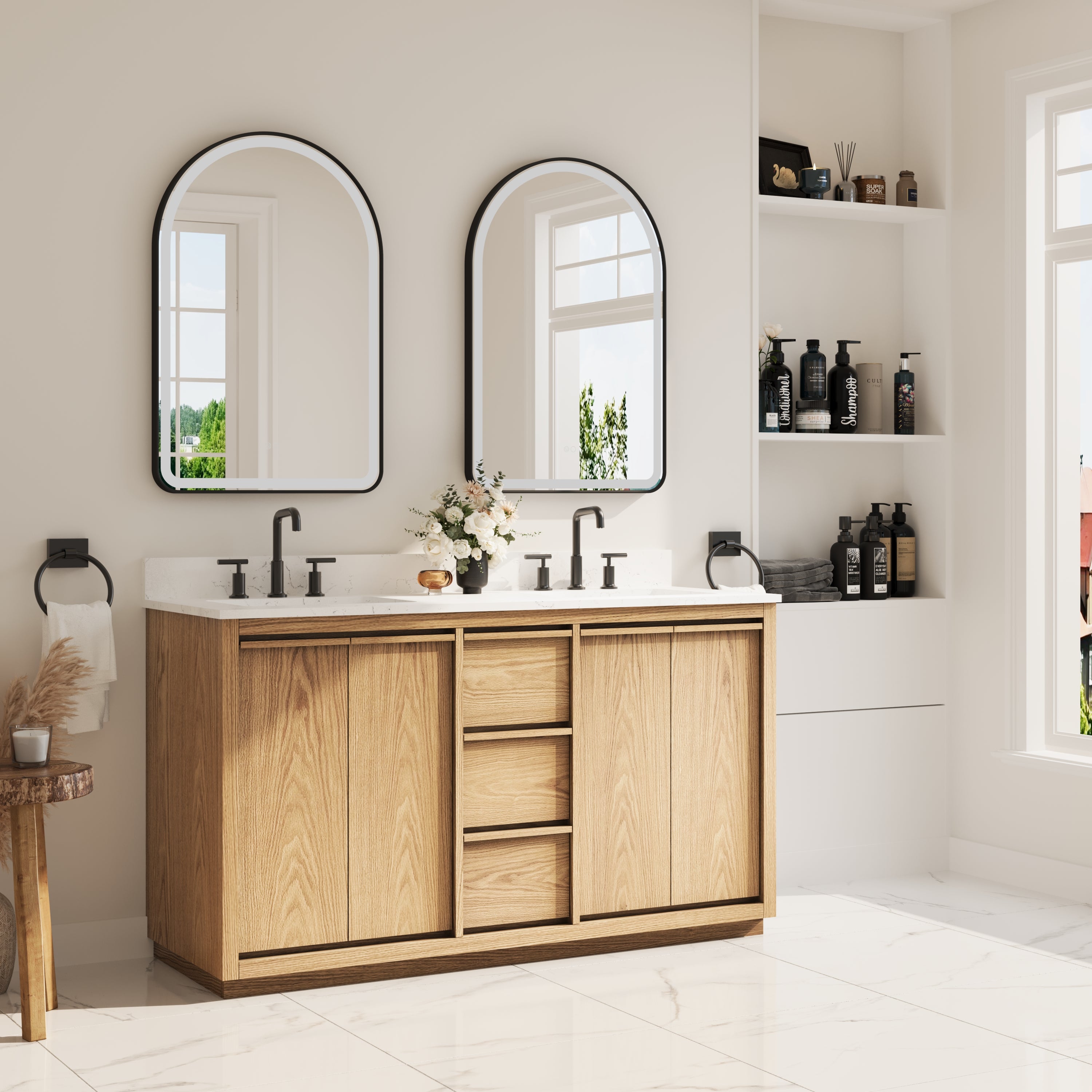 60 Inch Oak Soild Wood Bathroom Vanity with Double Undermount Sinks, 3 Dovetail-constructed Drawers and 4 Soft-close Doors
