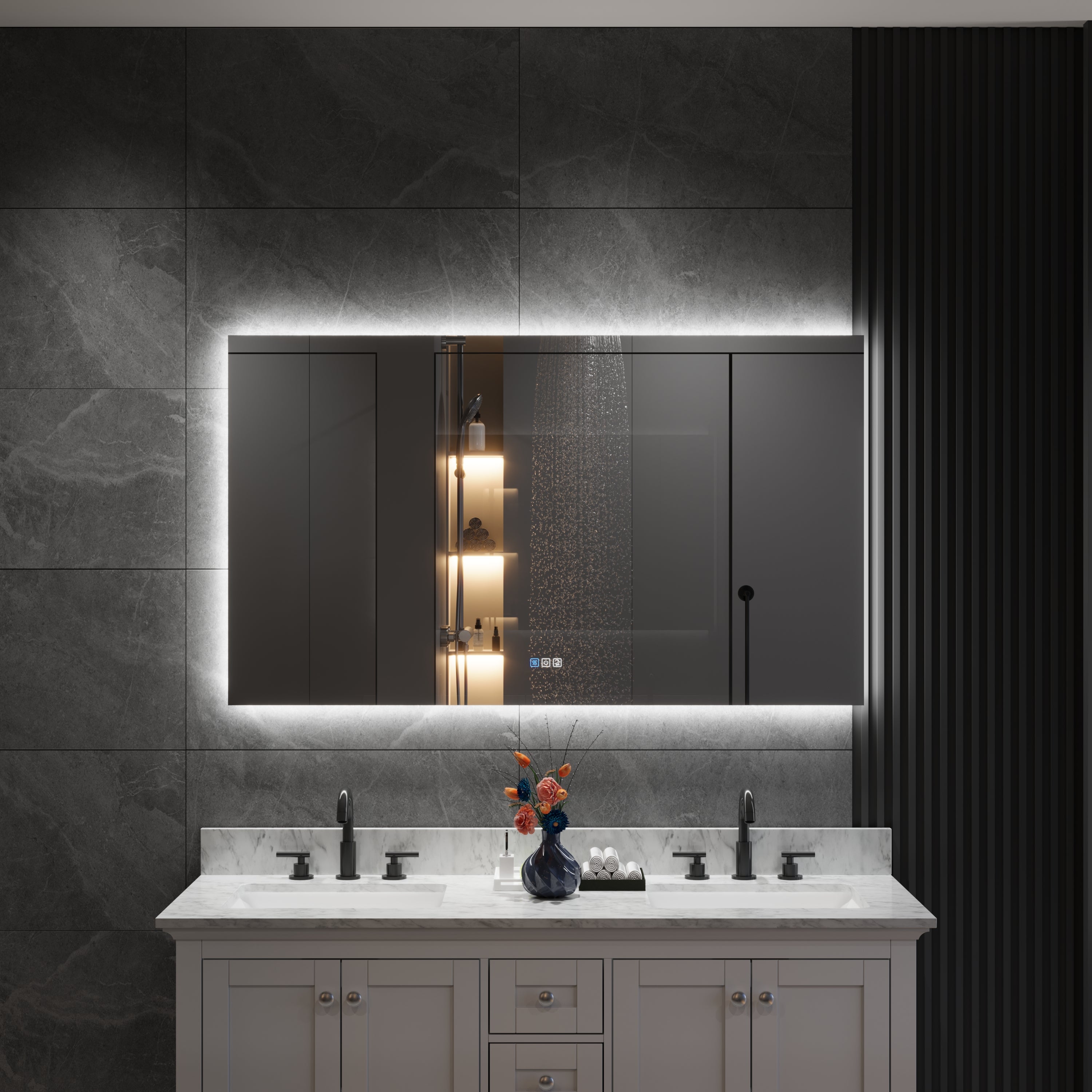 55 in. W x 32 in. H Rectangular Frameless Anti-Fog LED Light Dimmable Bathroom Vanity Mirror in Aluminum