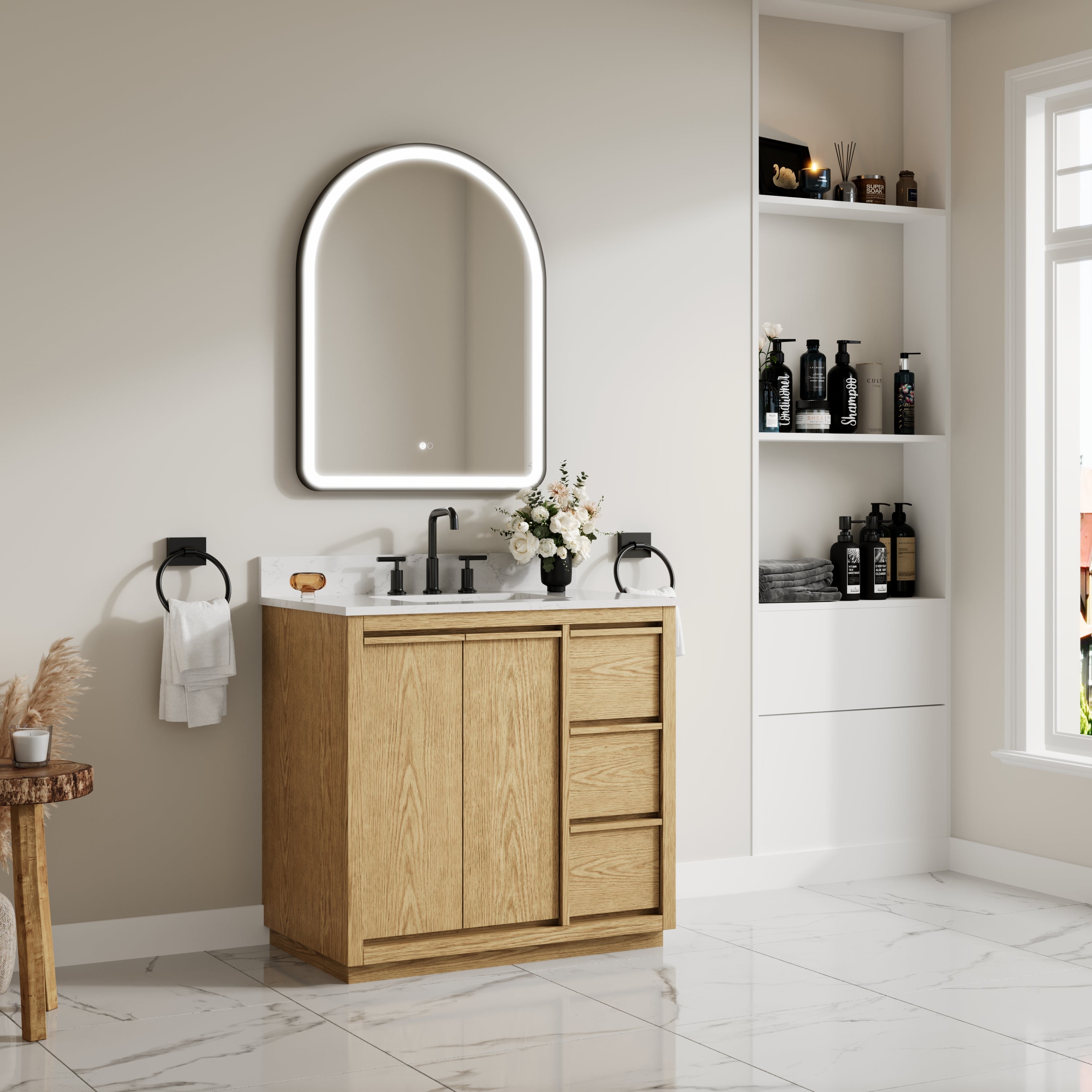 36 Inch Oak Soild Wood Bathroom Vanity with Sink, 3 Dovetail-constructed Drawers and 2 Soft-close Doors