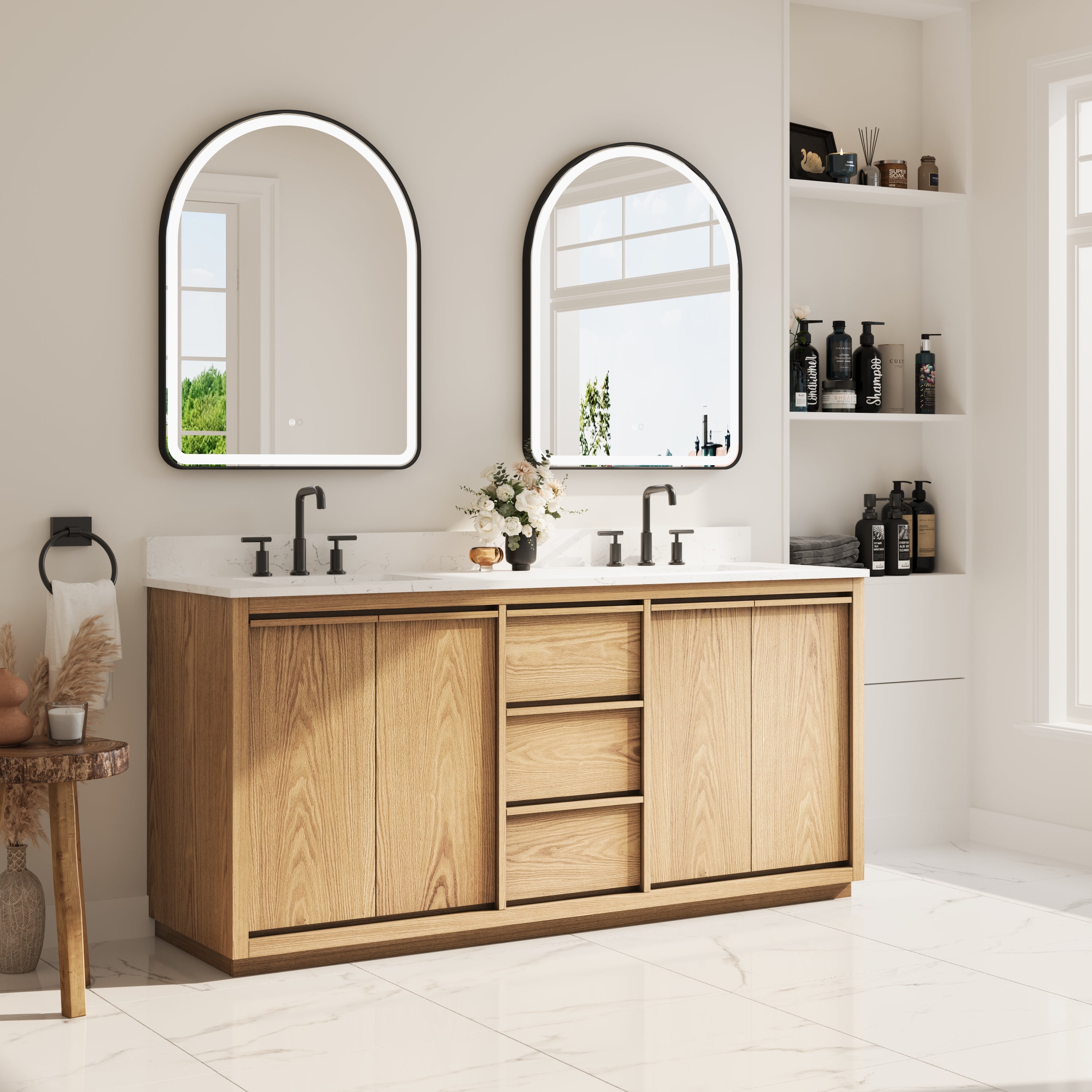 72 Inch Oak Soild Wood Bathroom Vanity with Double Undermount Sinks, 3 Dovetail-constructed Drawers and 4 Soft-close Doors