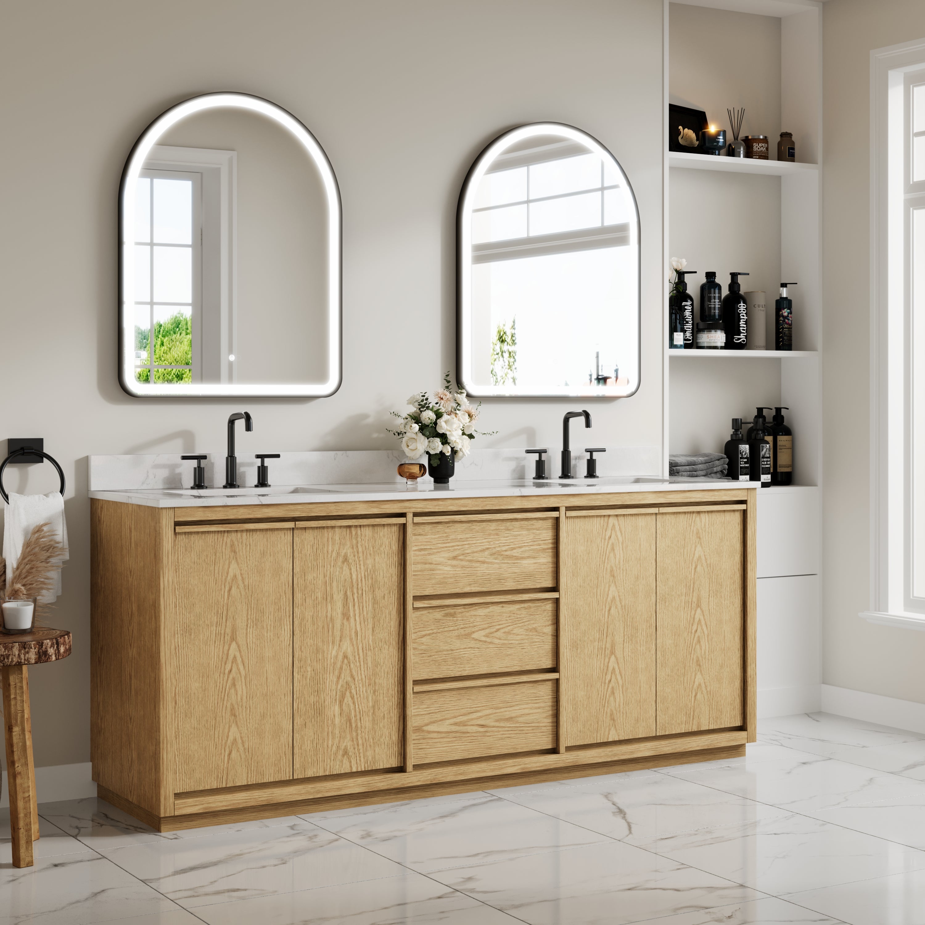 80 Inch Oak Soild Wood Bathroom Vanity with Double Undermount Sinks, 3 Dovetail-constructed Drawers and 4 Soft-close Doors