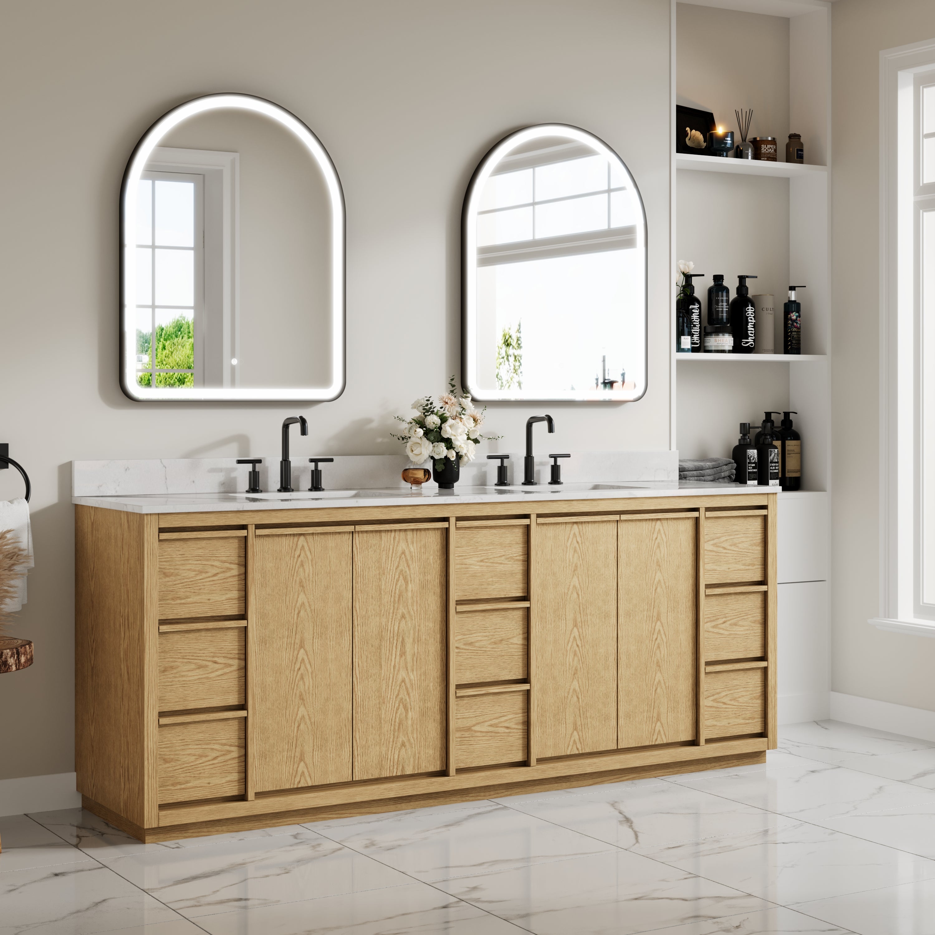 84 Inch Oak Soild Wood Bathroom Vanity with Double Undermount Sinks, 9 Dovetail-constructed Drawers and 4 Soft-close Doors