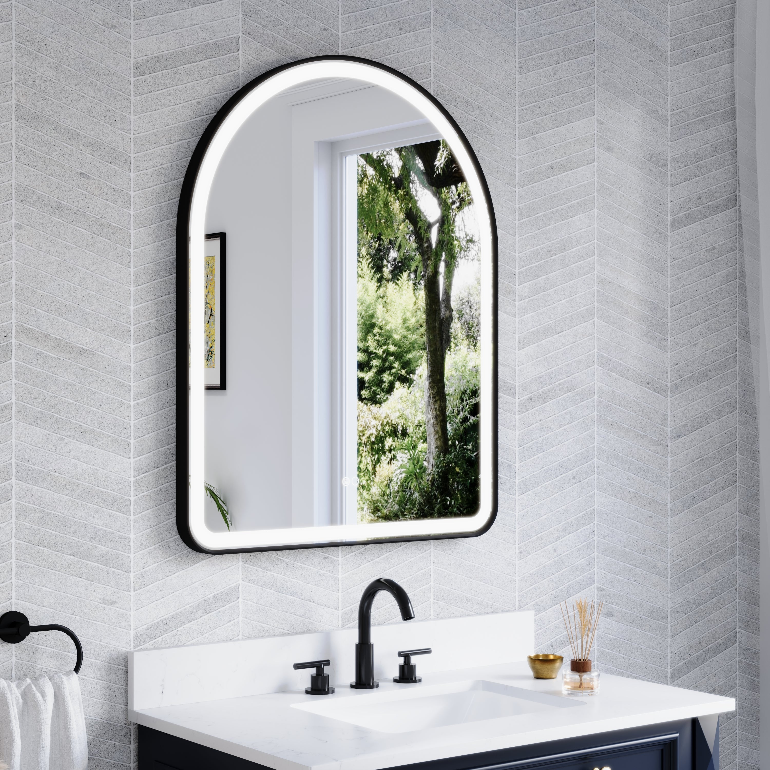 28 in. W x 36 in. H Arched Black Framed LED Light Bathroom Vanity Mirror
