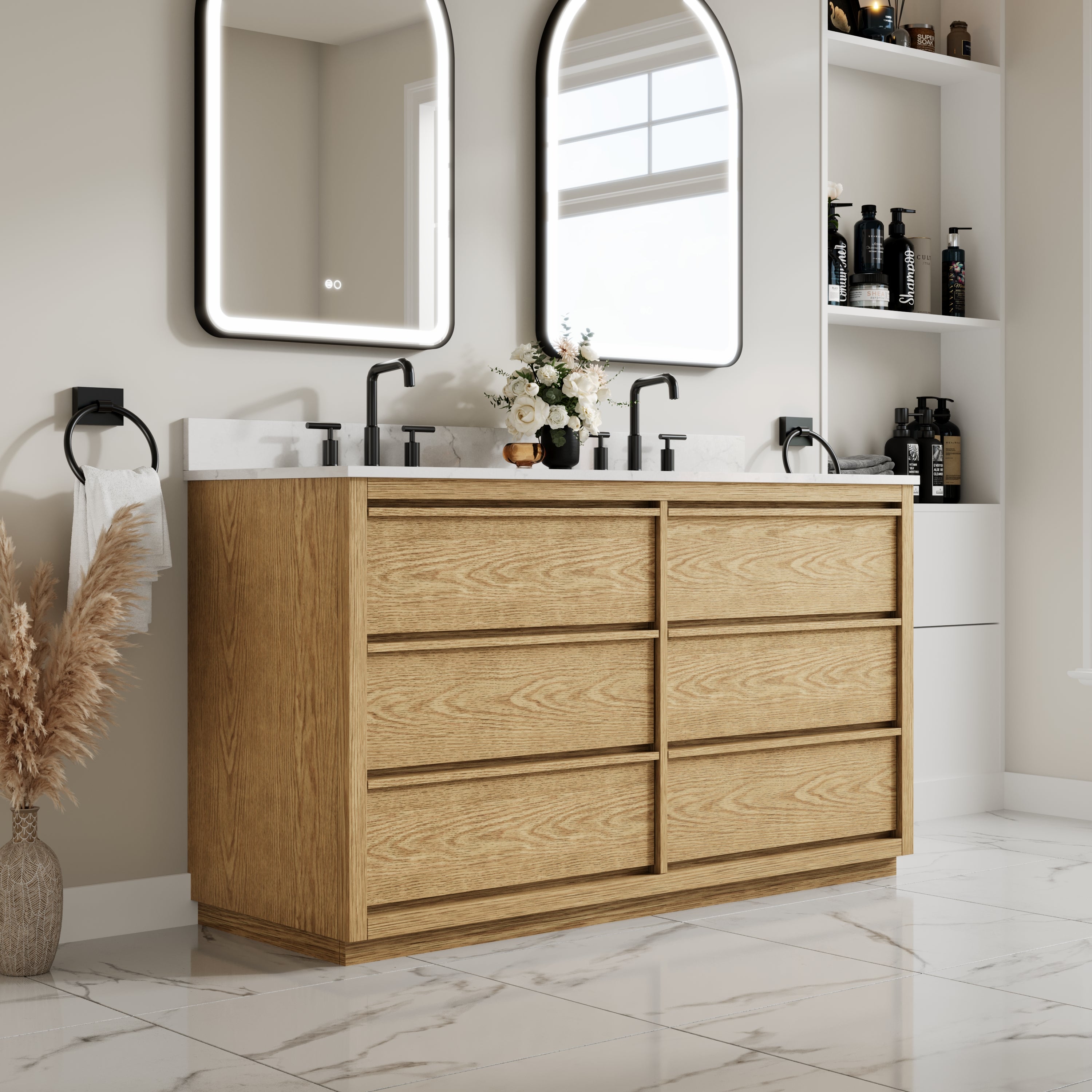 60 Inch Oak Soild Wood Bathroom Vanity with Double Undermount Sinks, 6 Dovetail-constructed Drawers