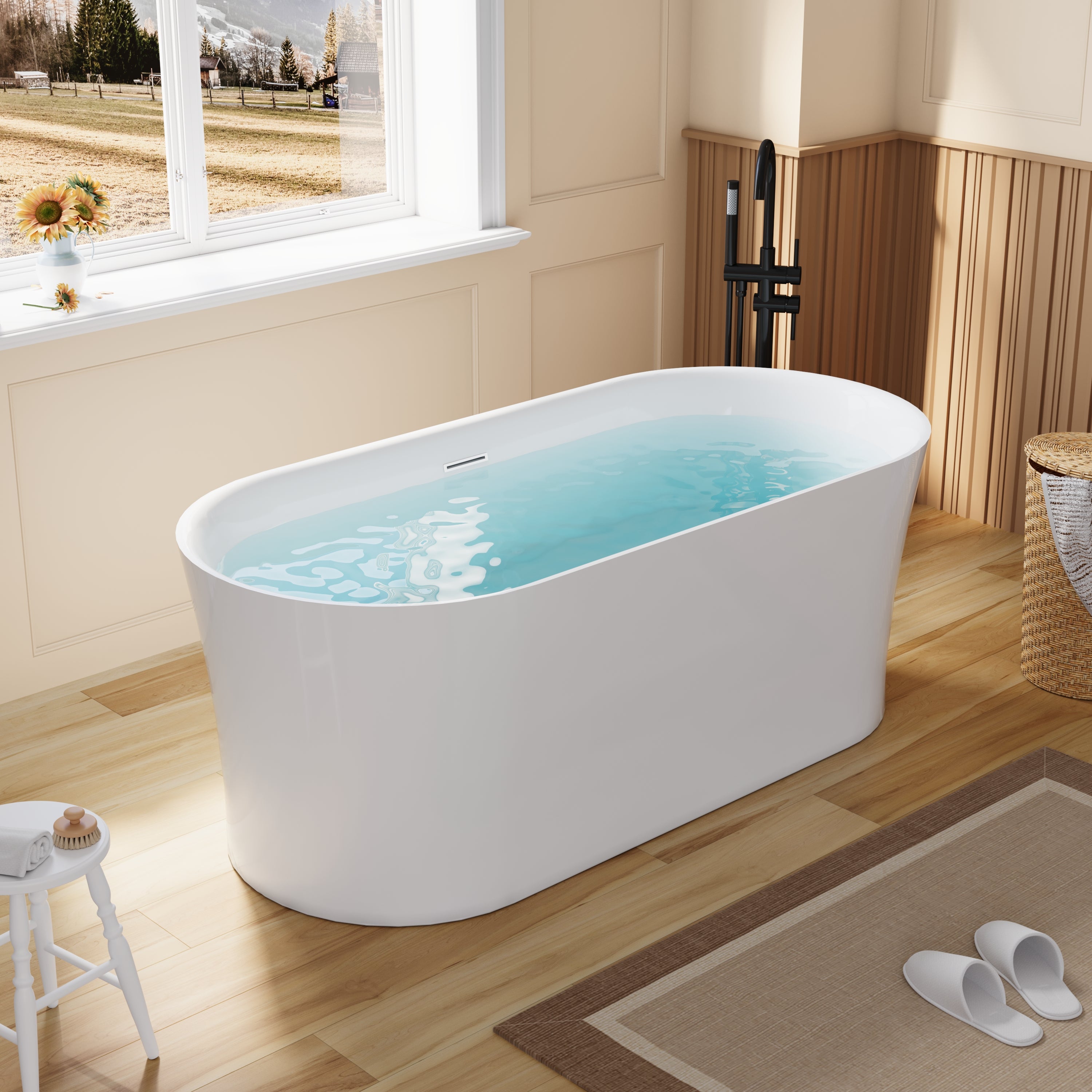 67" Acrylic Freestanding Soaking Bathtub in White with Overflow and Drain