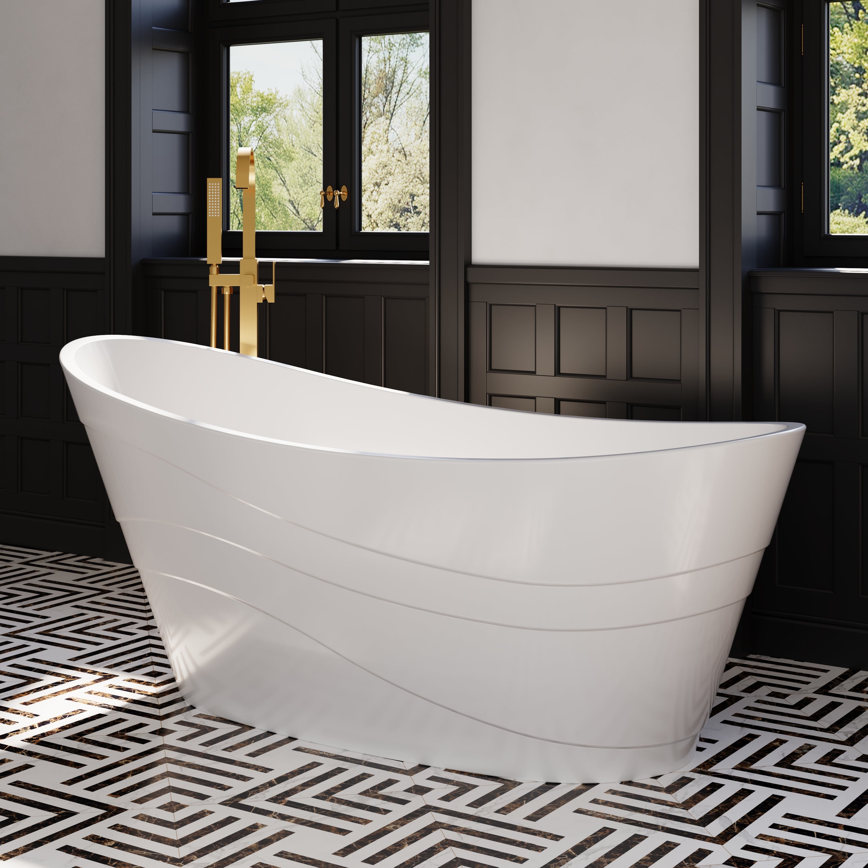 67" Acrylic Freestanding Soaking Bathtub in Glossy White with Pop-up Drainer and Groove Overflow