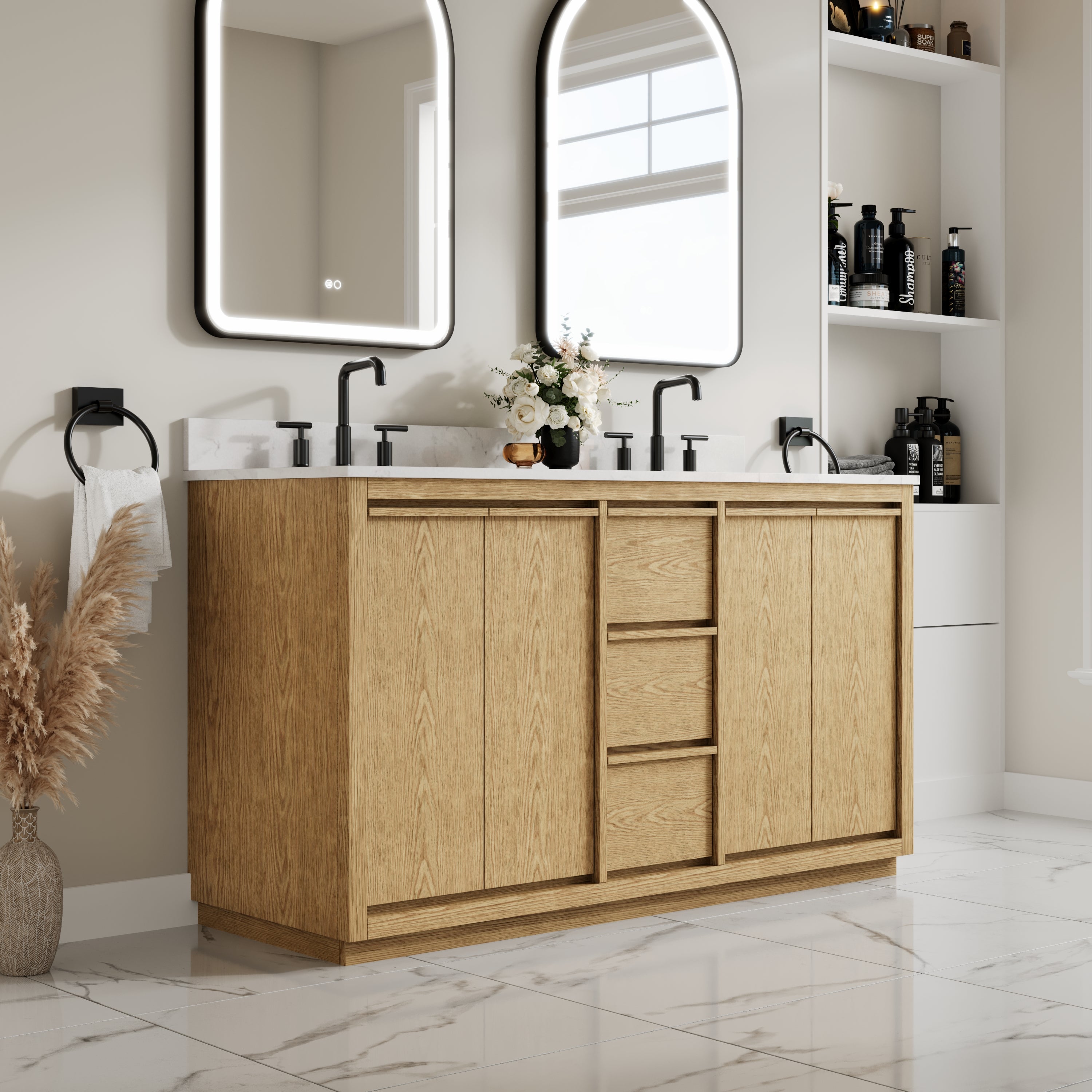 60 Inch Oak Soild Wood Bathroom Vanity with Double Undermount Sinks, 3 Dovetail-constructed Drawers and 4 Soft-close Doors