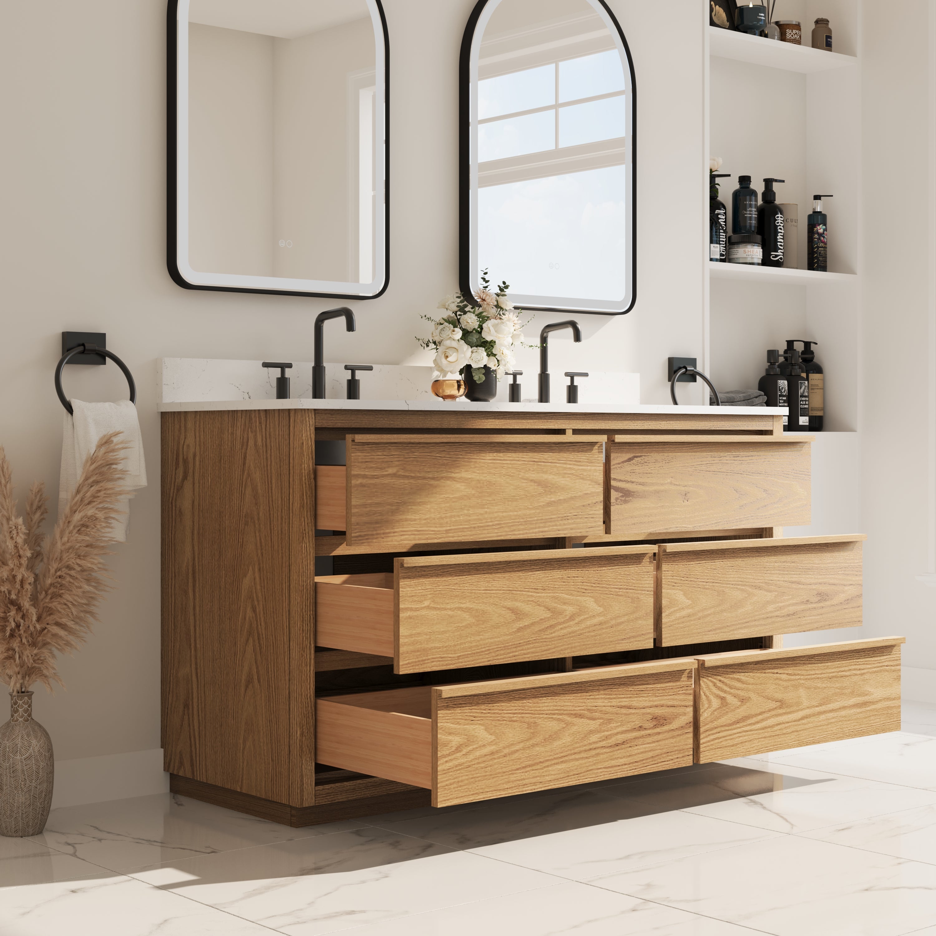 60 Inch Oak Soild Wood Bathroom Vanity with Double Undermount Sinks, 6 Dovetail-constructed Drawers