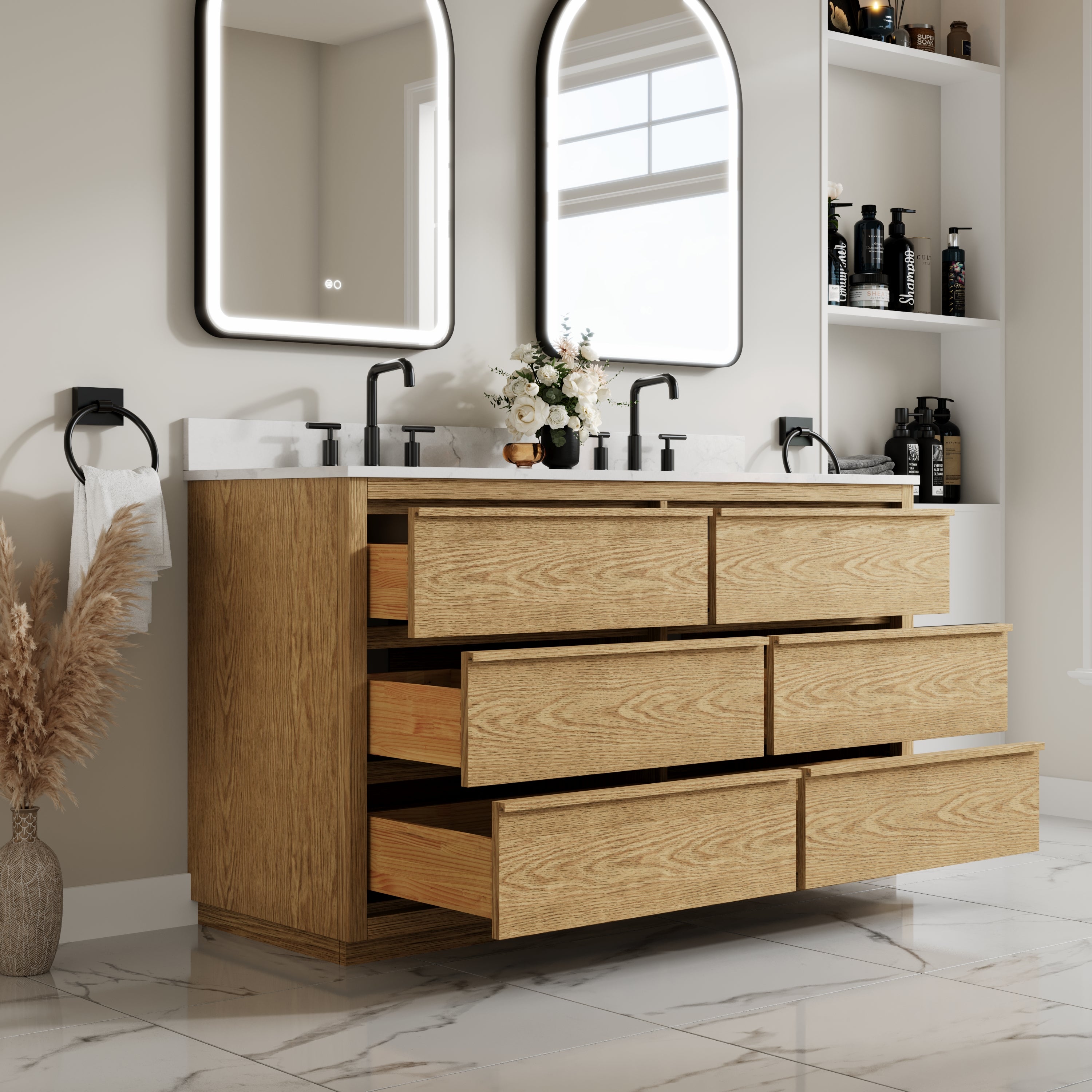 60 Inch Oak Soild Wood Bathroom Vanity with Double Undermount Sinks, 6 Dovetail-constructed Drawers