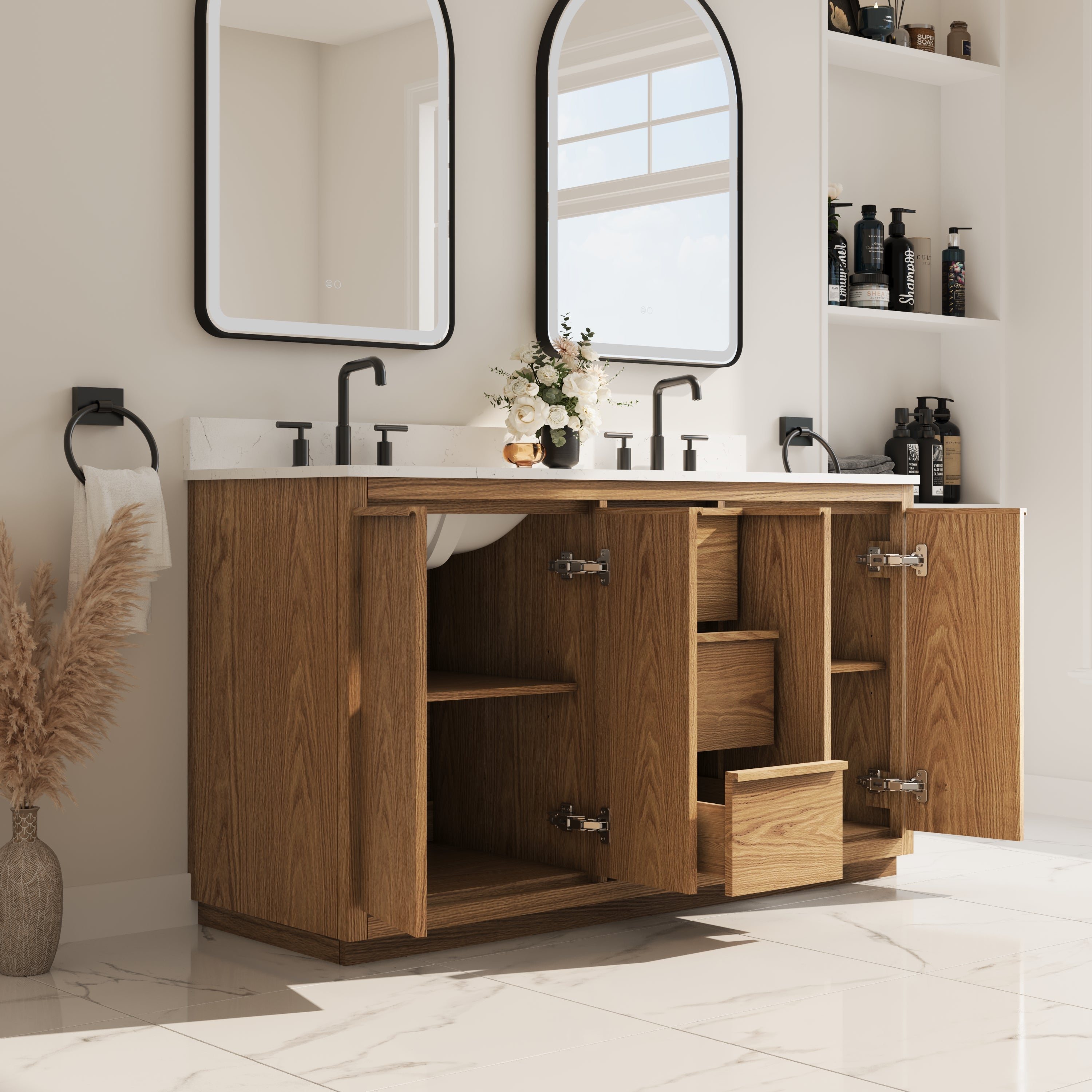 60 Inch Oak Soild Wood Bathroom Vanity with Double Undermount Sinks, 3 Dovetail-constructed Drawers and 4 Soft-close Doors