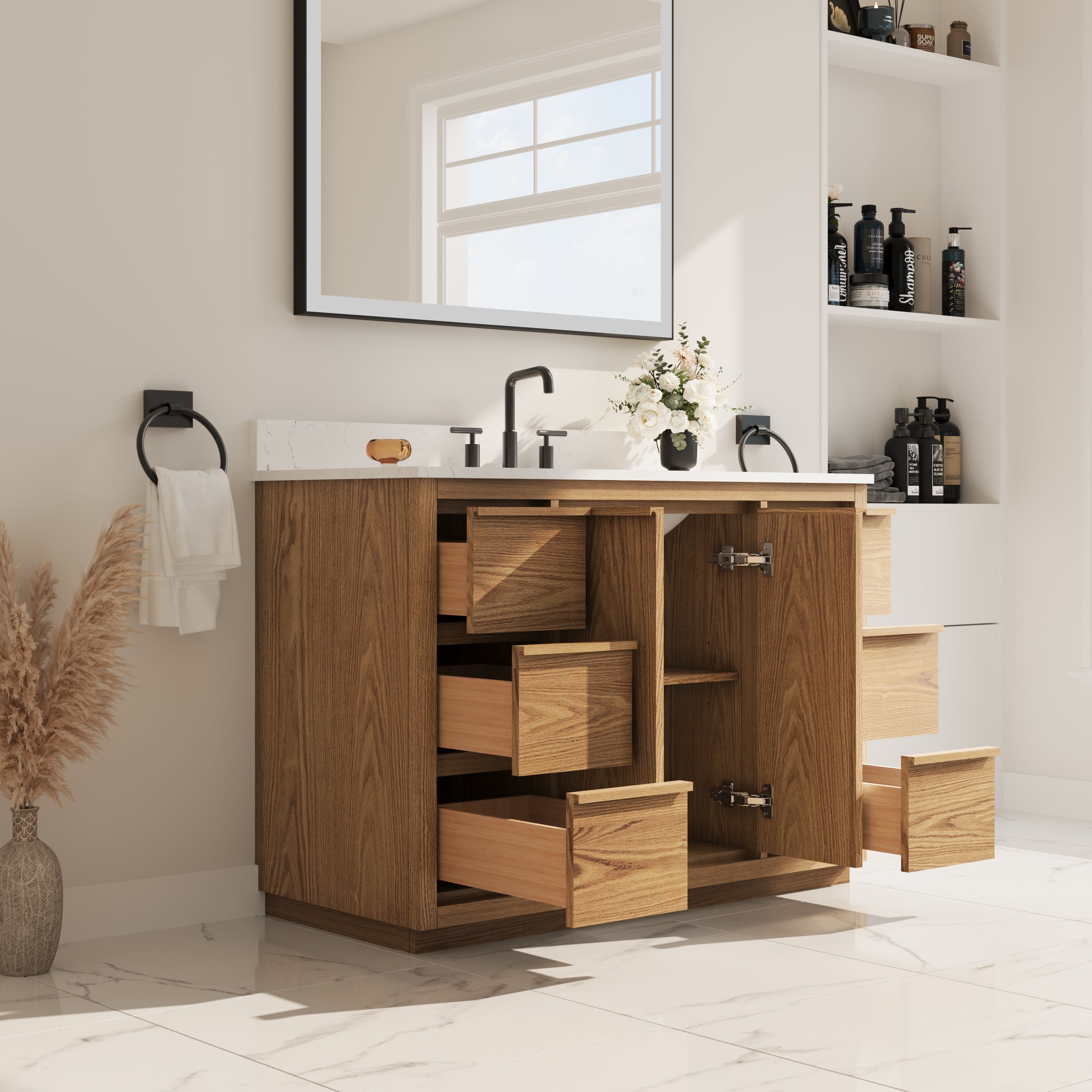 48 Inch Oak Soild Wood Bathroom Vanity with Sink, 6 Dovetail-constructed Drawers and 2 Soft-close Doors
