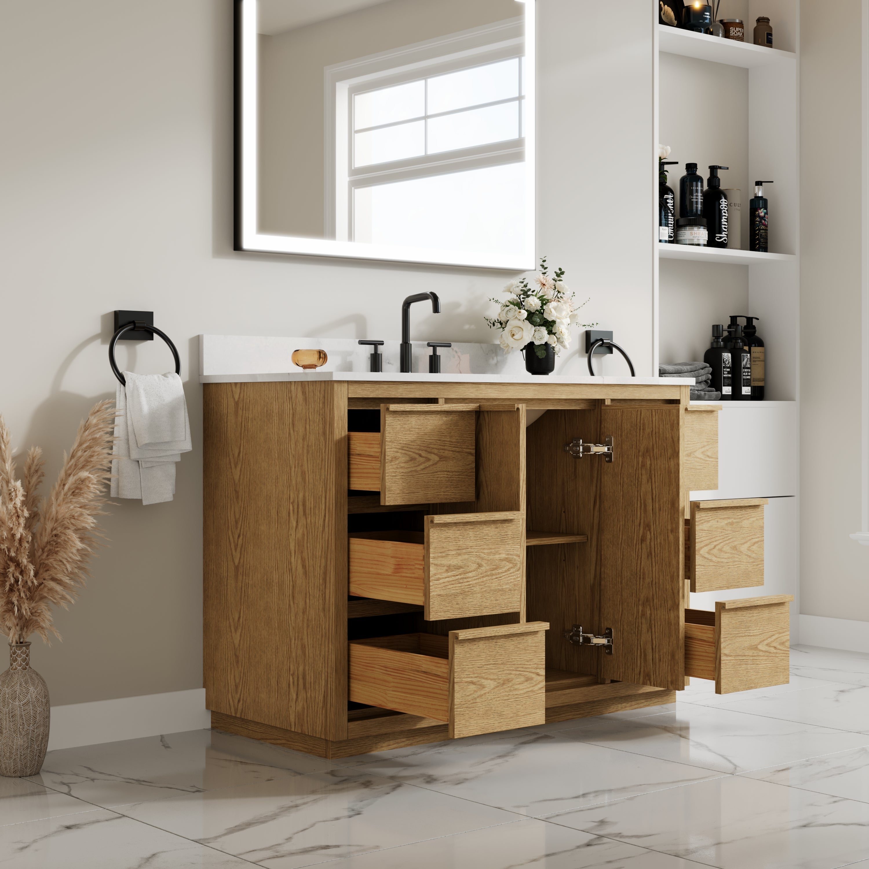 48 Inch Oak Soild Wood Bathroom Vanity with Sink, 6 Dovetail-constructed Drawers and 2 Soft-close Doors