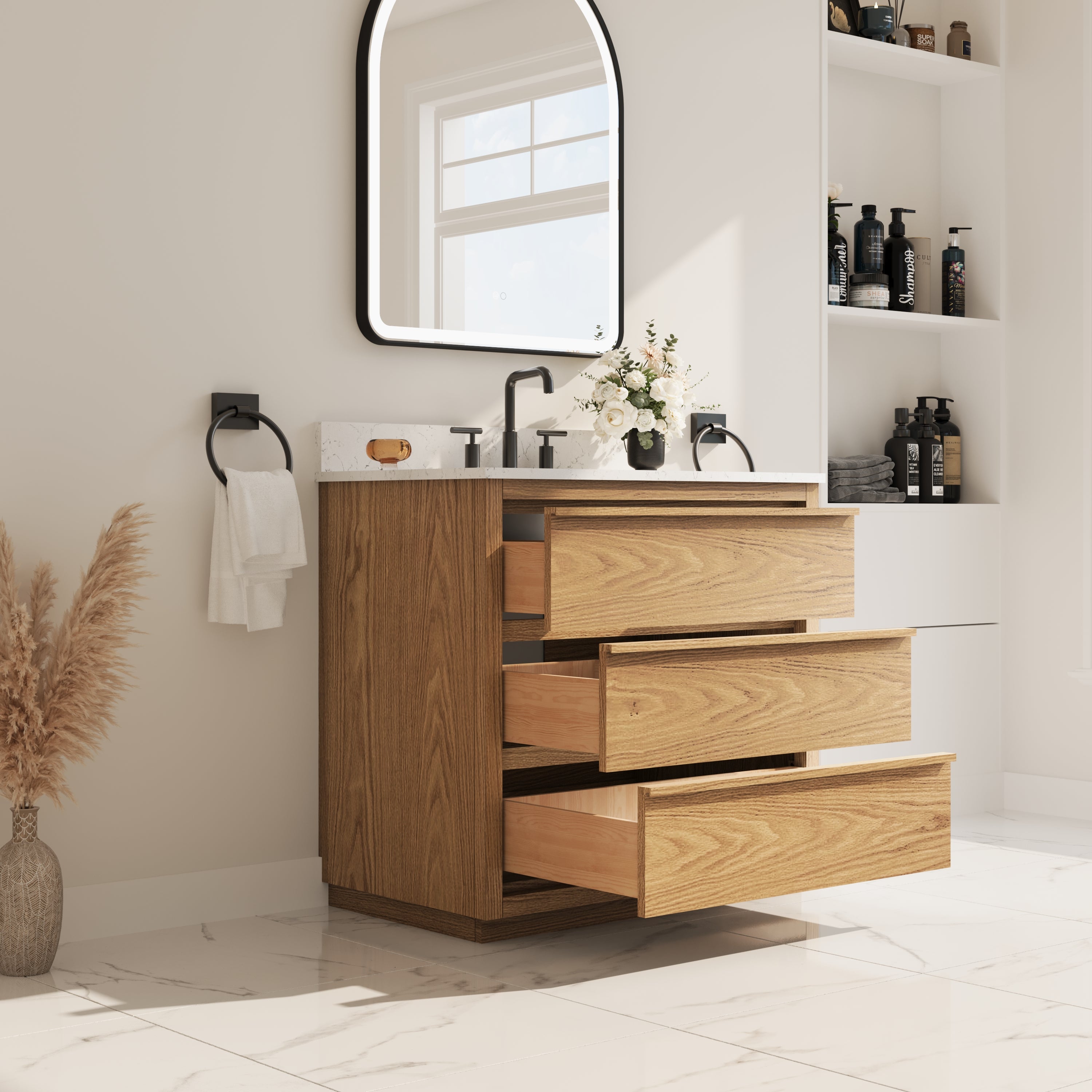 36 Inch Oak Soild Wood Bathroom Vanity with Single Undermount Sink, 3 Dovetail-constructed Drawers