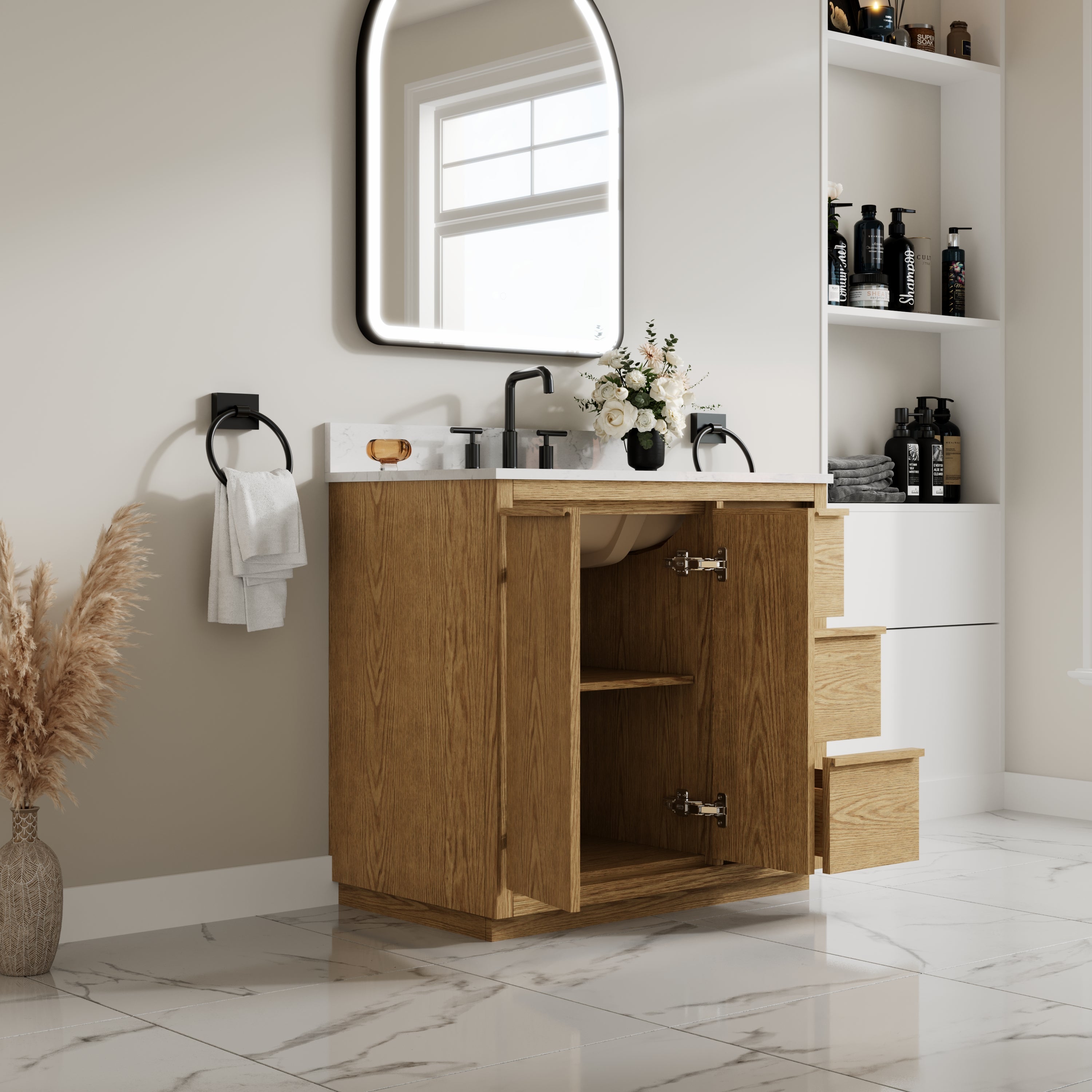 36 Inch Oak Soild Wood Bathroom Vanity with Sink, 3 Dovetail-constructed Drawers and 2 Soft-close Doors
