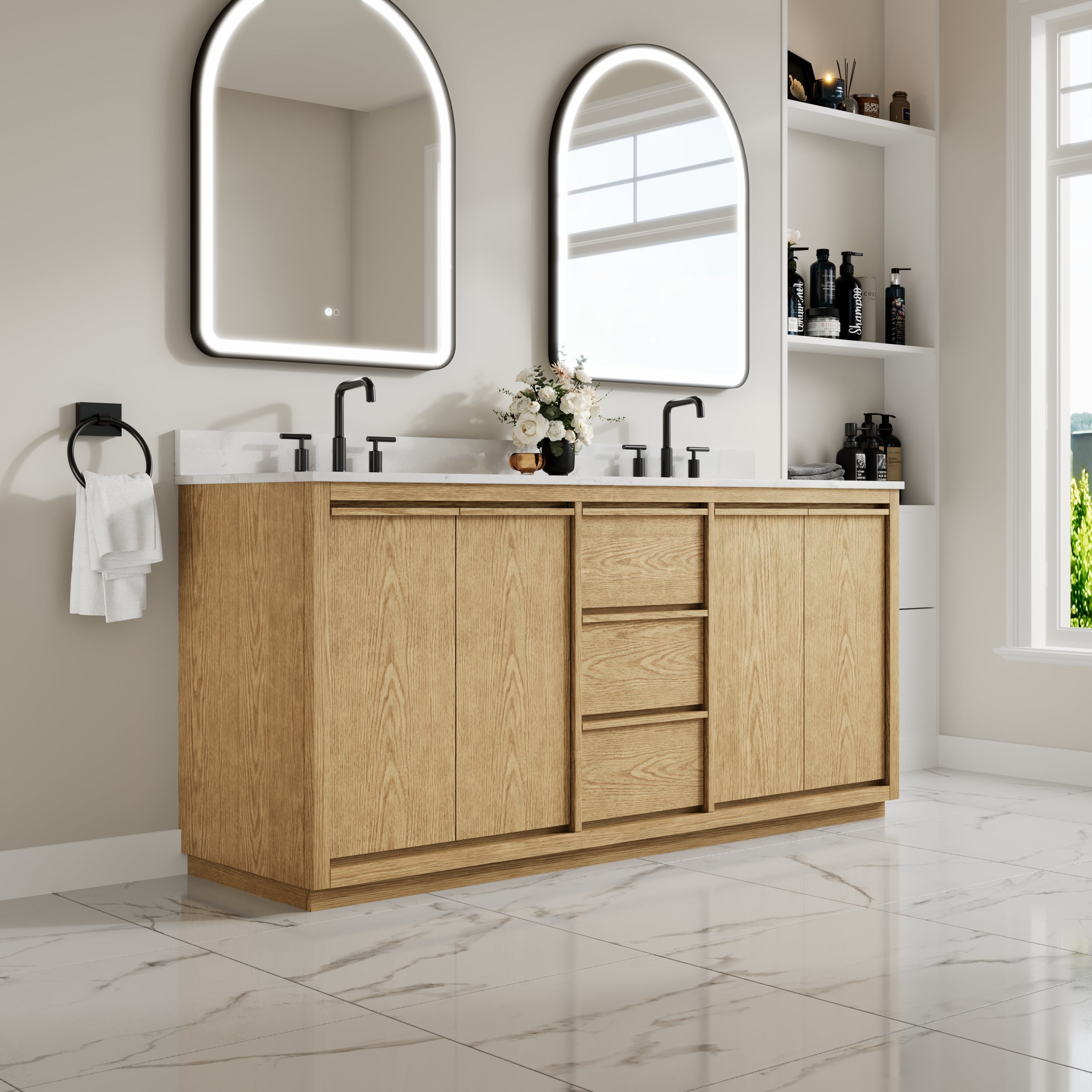 72 Inch Oak Soild Wood Bathroom Vanity with Double Undermount Sinks, 3 Dovetail-constructed Drawers and 4 Soft-close Doors