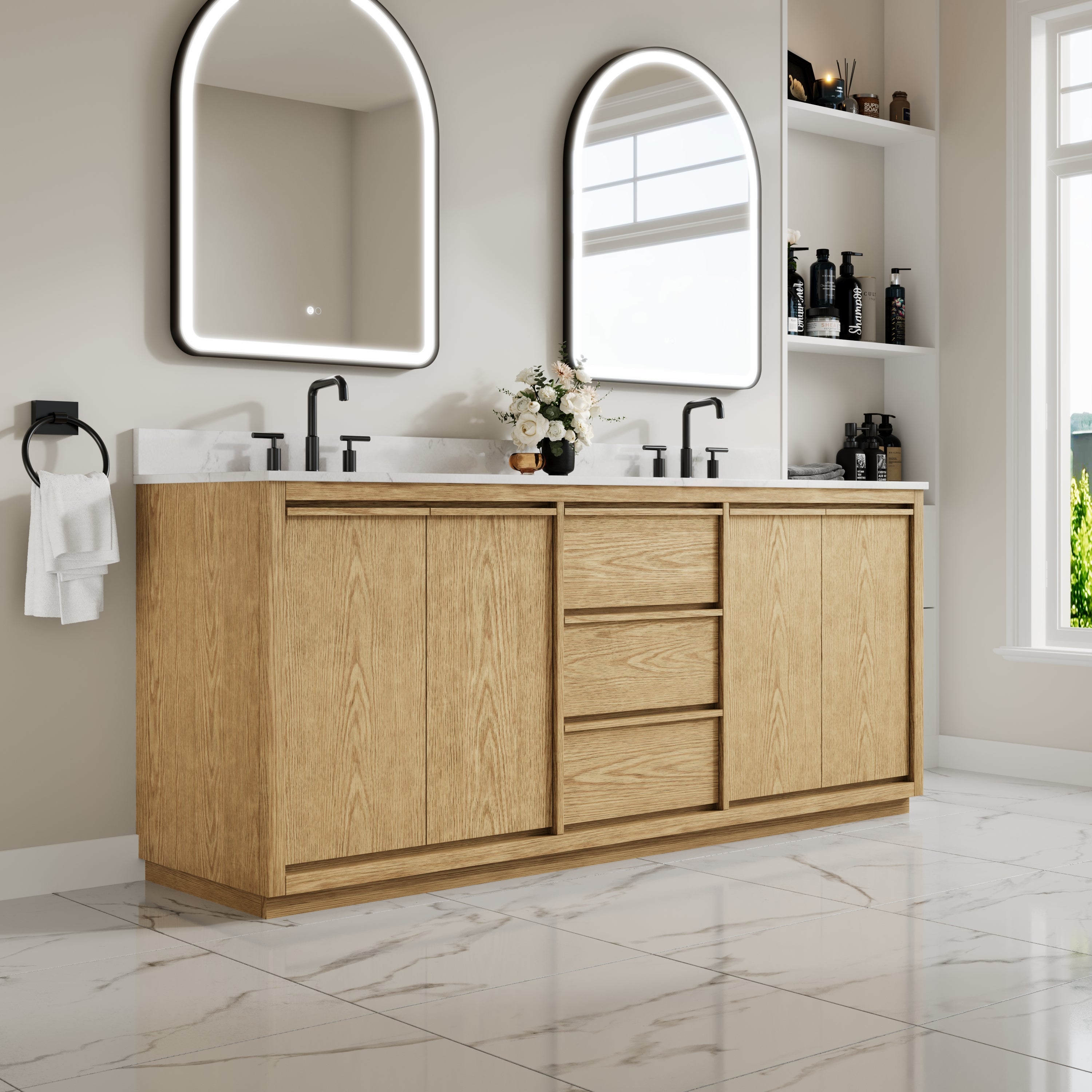 80 Inch Oak Soild Wood Bathroom Vanity with Double Undermount Sinks, 3 Dovetail-constructed Drawers and 4 Soft-close Doors