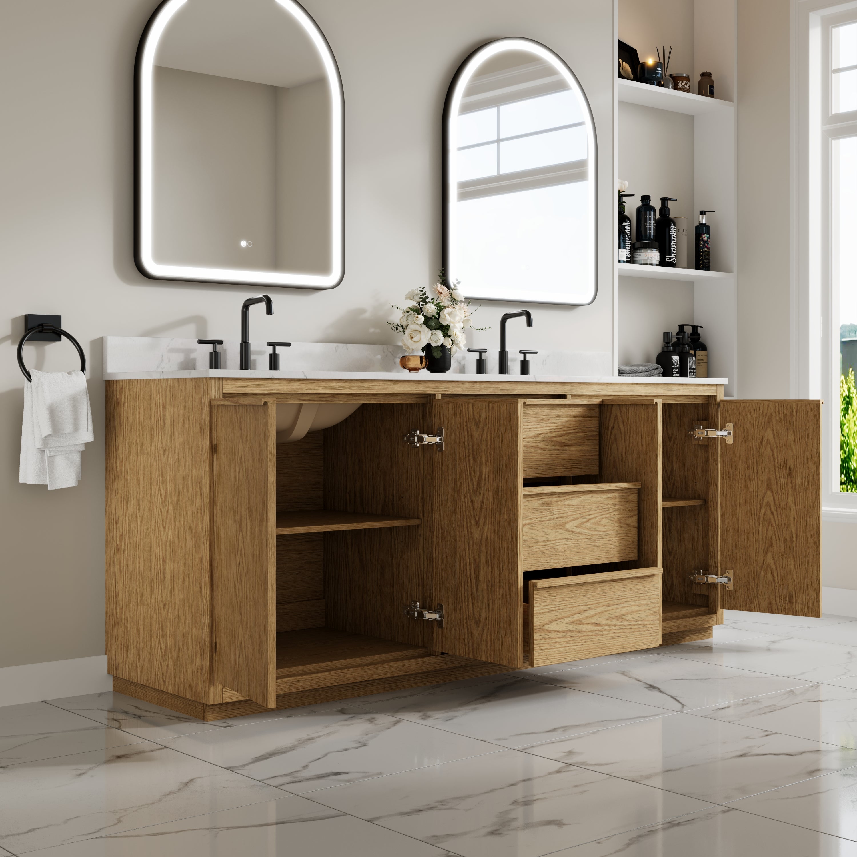 80 Inch Oak Soild Wood Bathroom Vanity with Double Undermount Sinks, 3 Dovetail-constructed Drawers and 4 Soft-close Doors