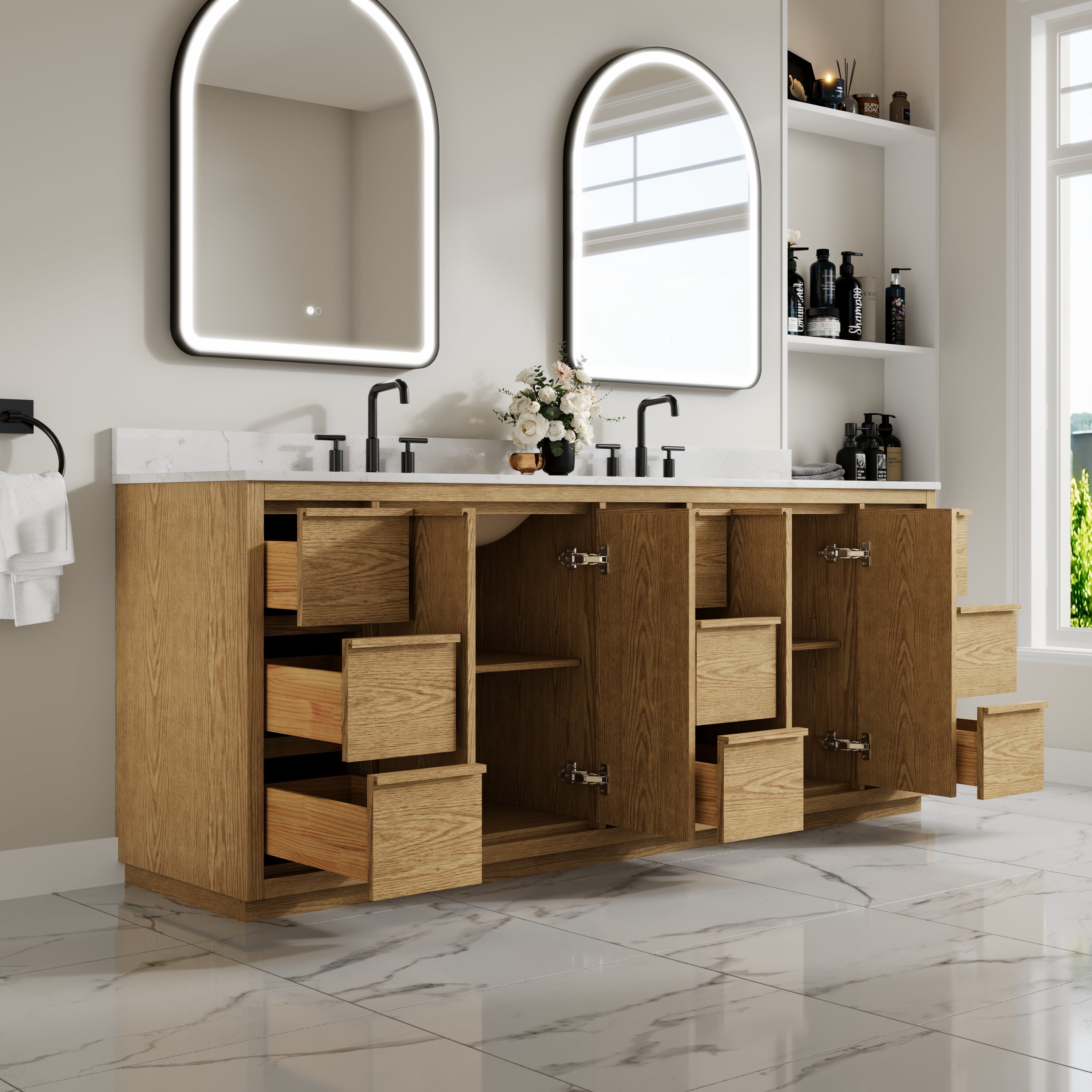 84 Inch Oak Soild Wood Bathroom Vanity with Double Undermount Sinks, 9 Dovetail-constructed Drawers and 4 Soft-close Doors