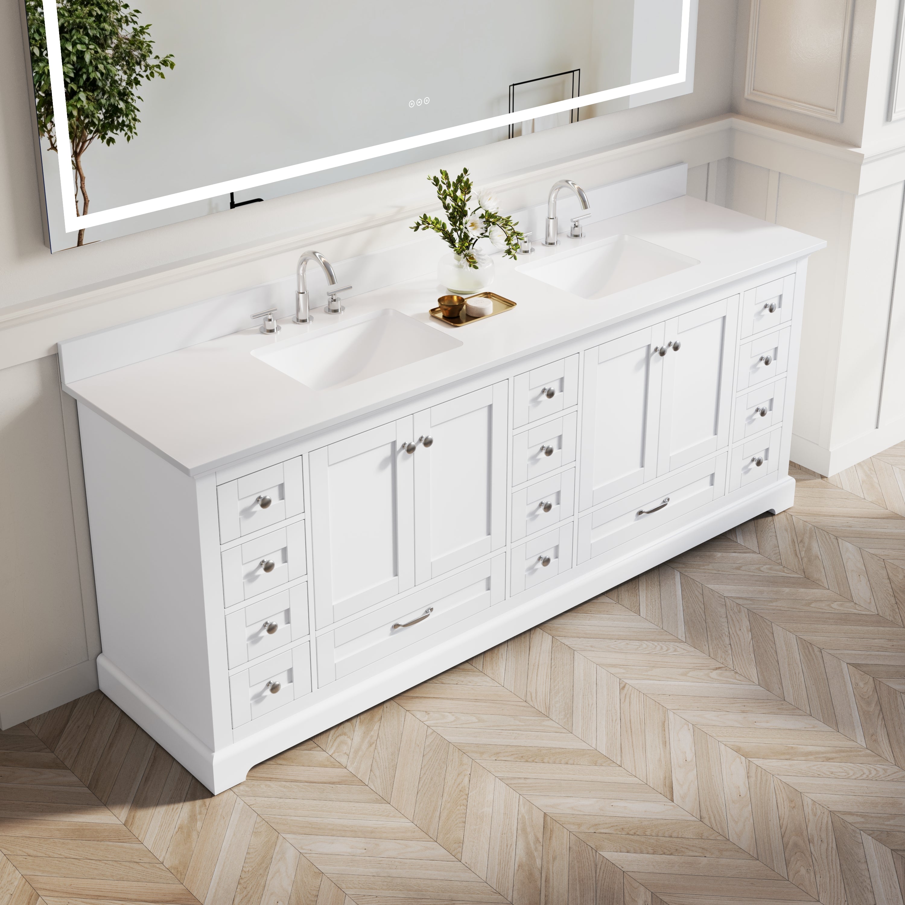 84" White Double Sinks Bathroom Vanity with Solid Wood Frame, Soft Close 14 Drawers & Pure White Cultured Marble Countertop