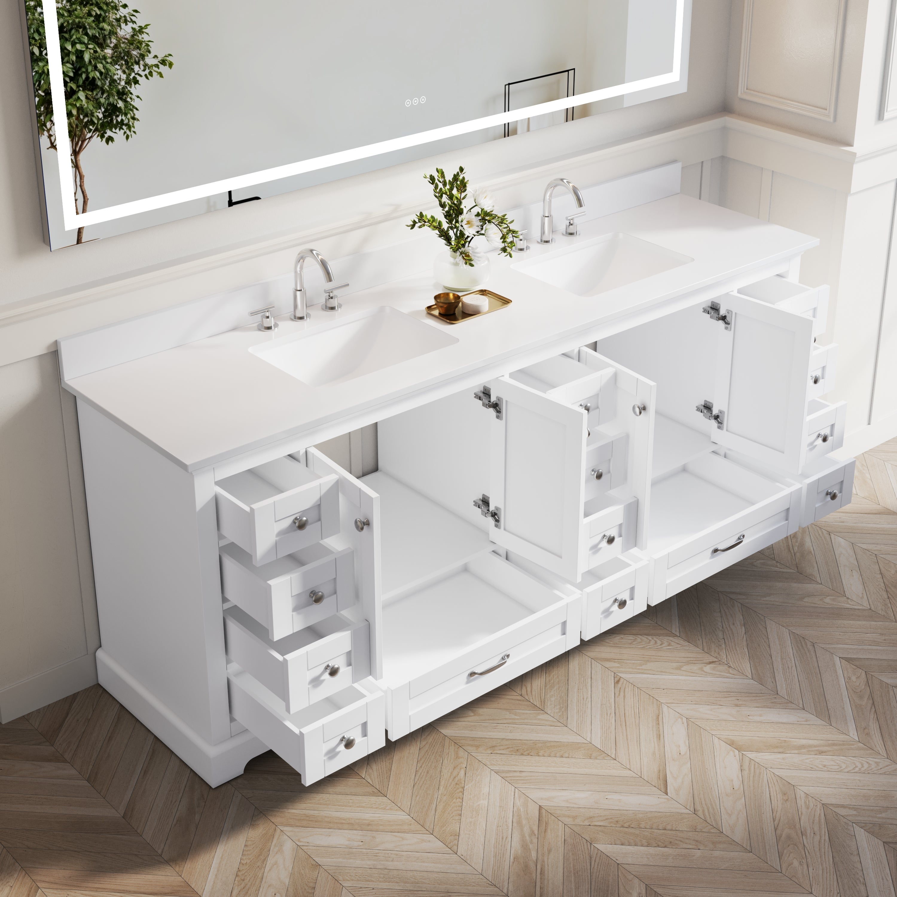 84" White Double Sinks Bathroom Vanity with Solid Wood Frame, Soft Close 14 Drawers & Pure White Cultured Marble Countertop