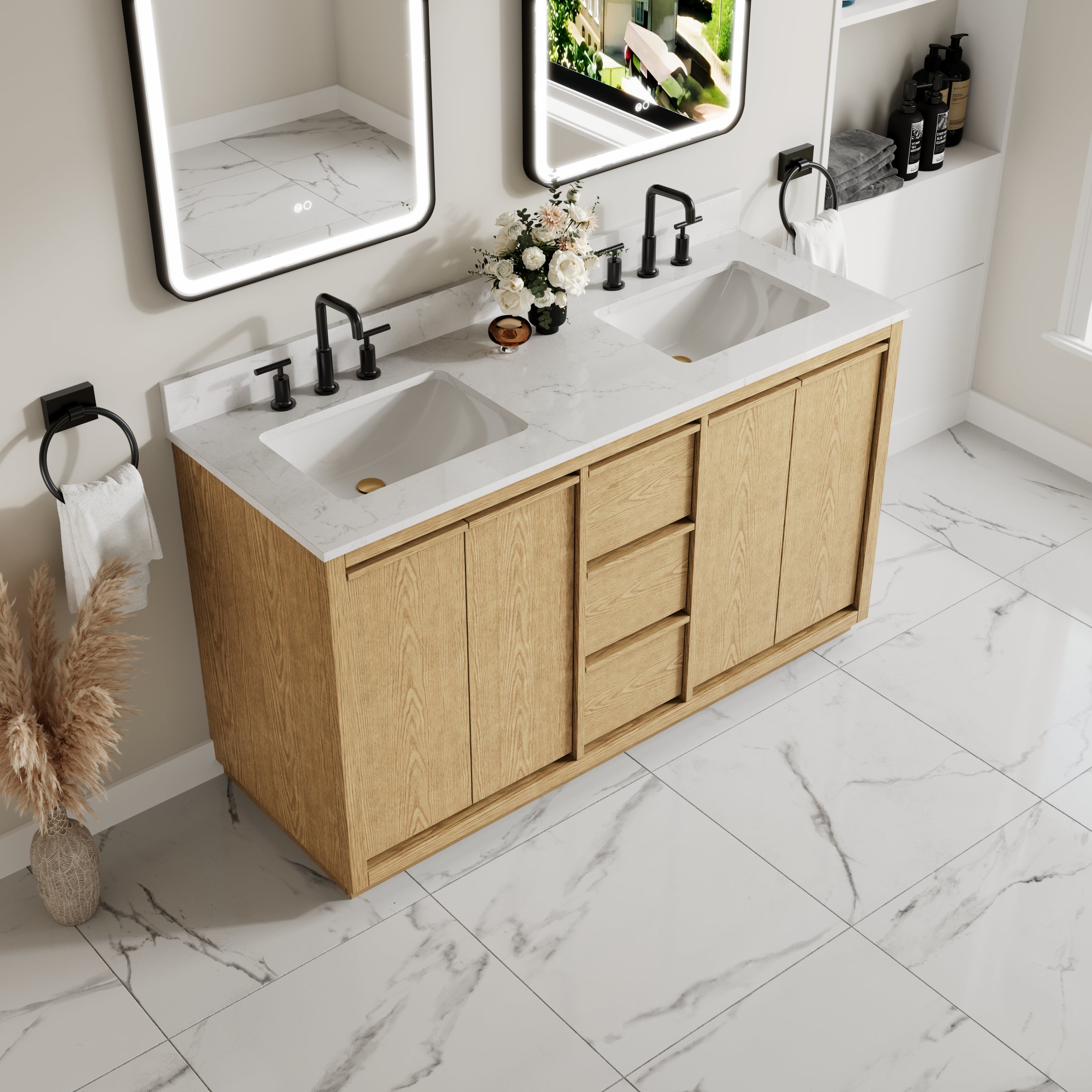 60 Inch Oak Soild Wood Bathroom Vanity with Double Undermount Sinks, 3 Dovetail-constructed Drawers and 4 Soft-close Doors