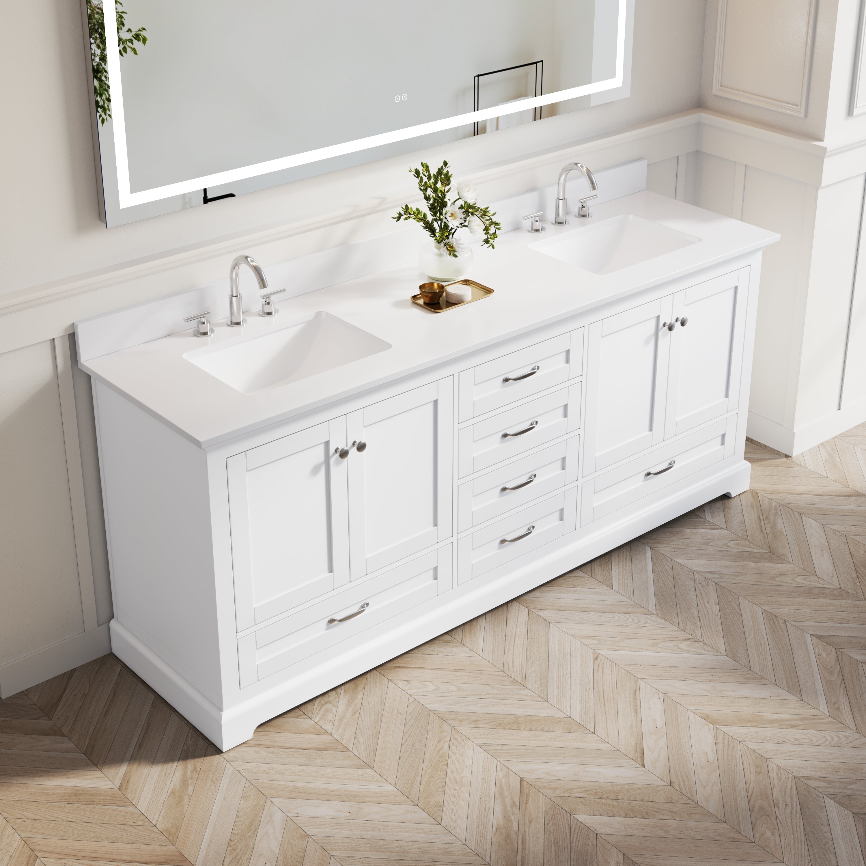 80" White Double Sinks Bathroom Vanity with Solid Wood Frame, Soft Close 6 Drawers, Pure White Cultured Marble Countertop