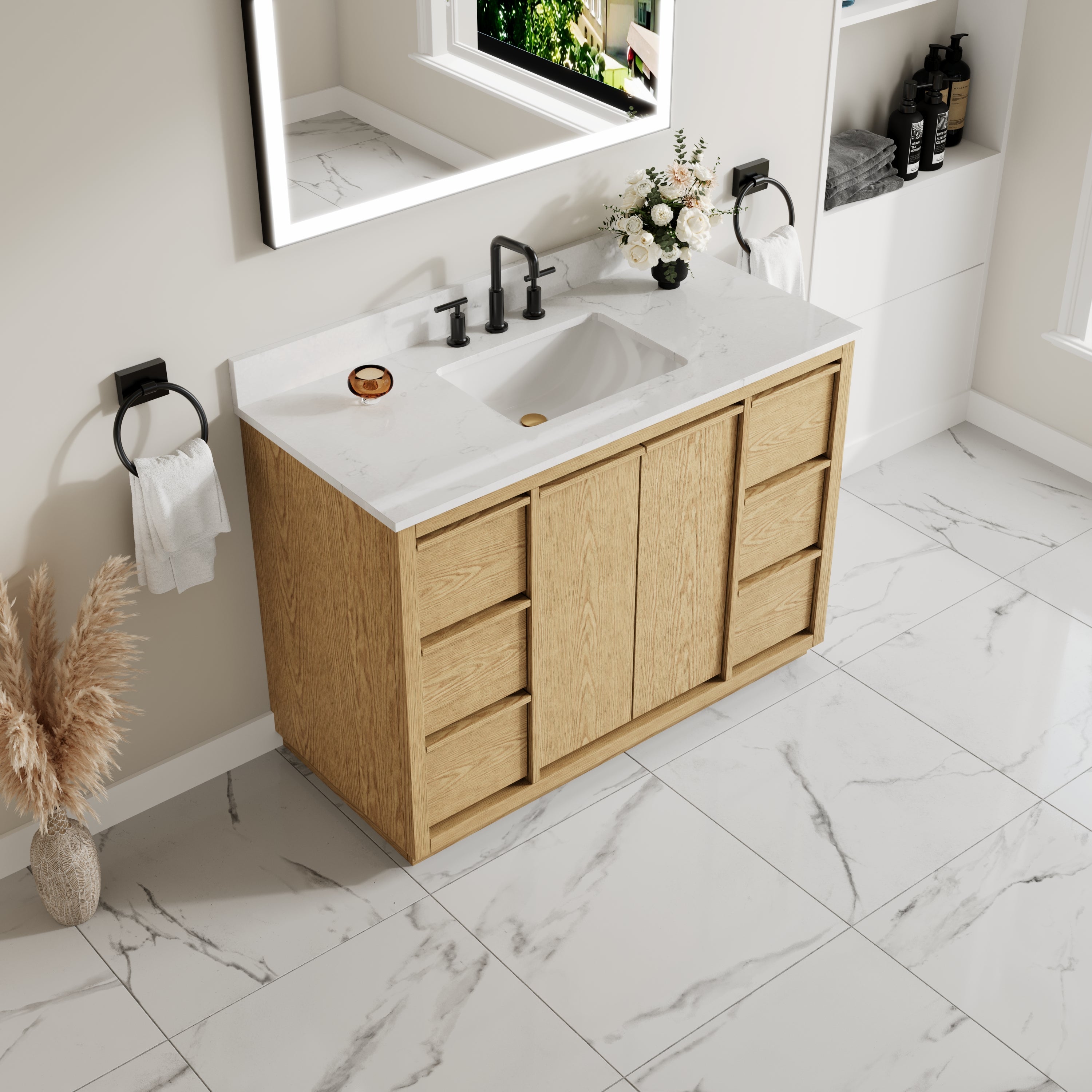 48 Inch Oak Soild Wood Bathroom Vanity with Sink, 6 Dovetail-constructed Drawers and 2 Soft-close Doors