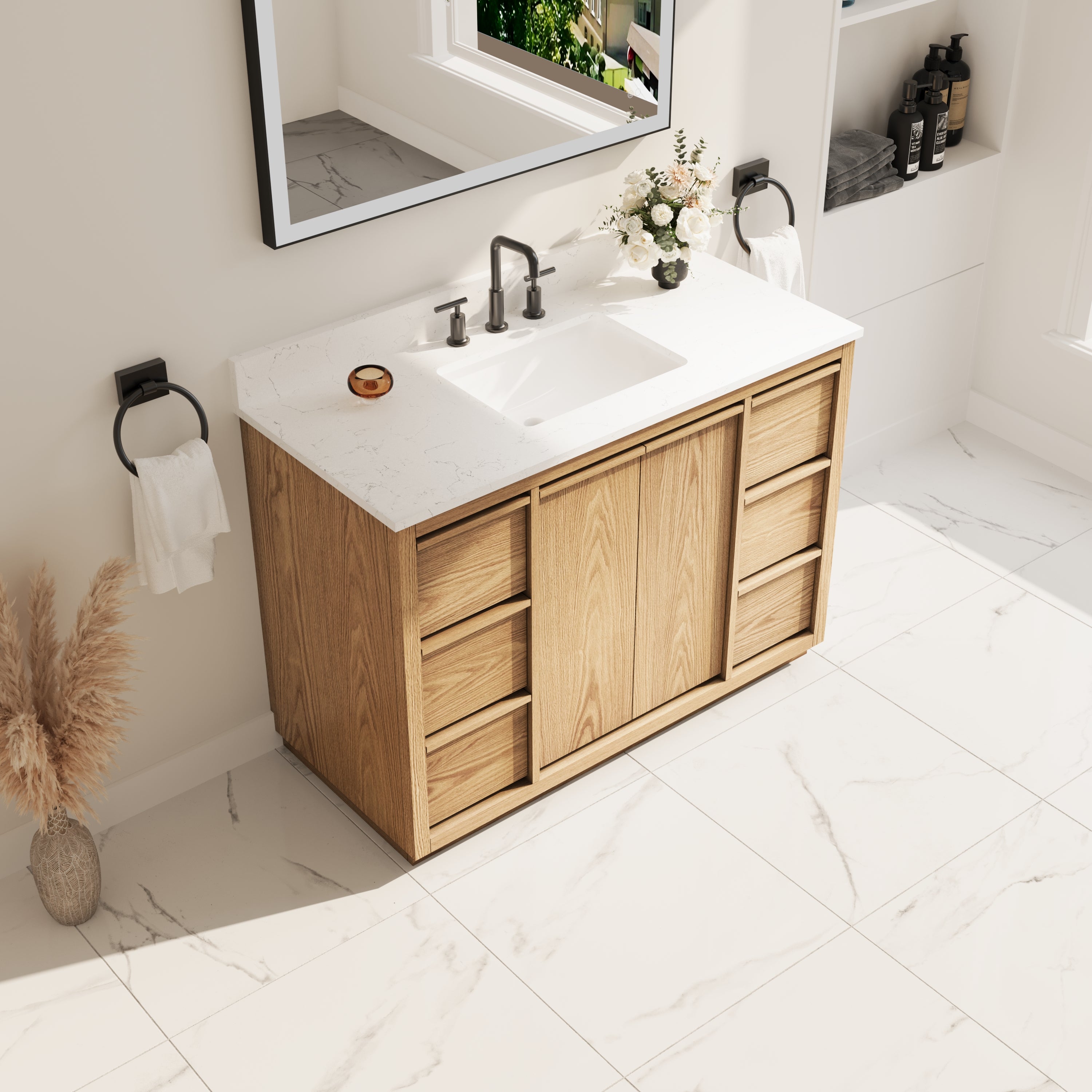 48 Inch Oak Soild Wood Bathroom Vanity with Sink, 6 Dovetail-constructed Drawers and 2 Soft-close Doors